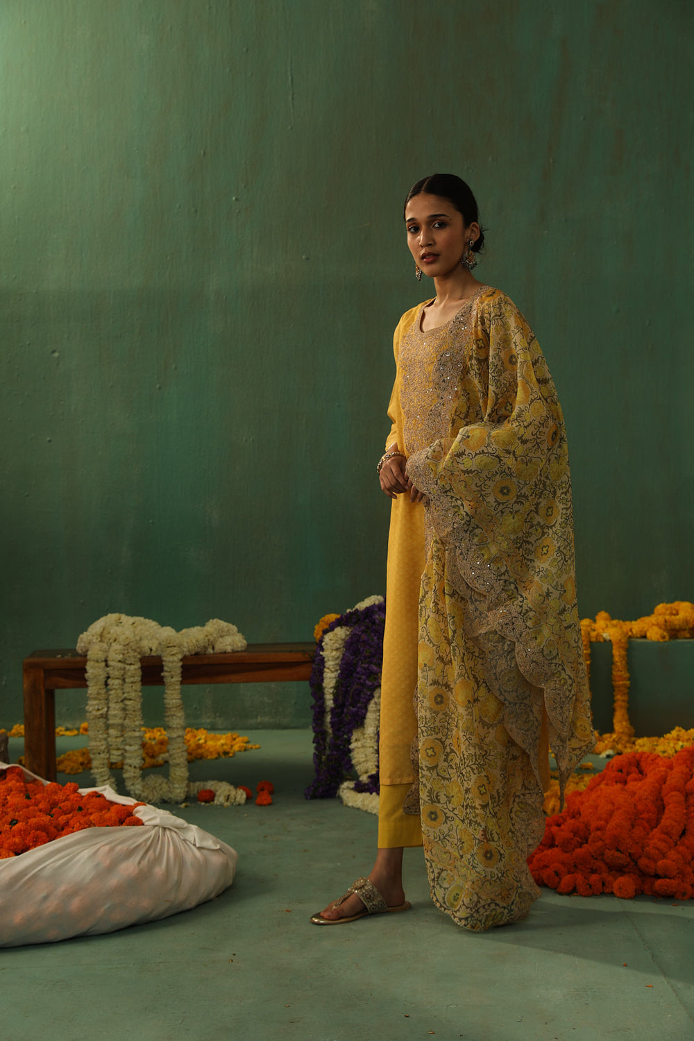 YELLOW STRAIGHT FIT CHANDERI SUIT SET (WITH PANTS AND DUPATTA)