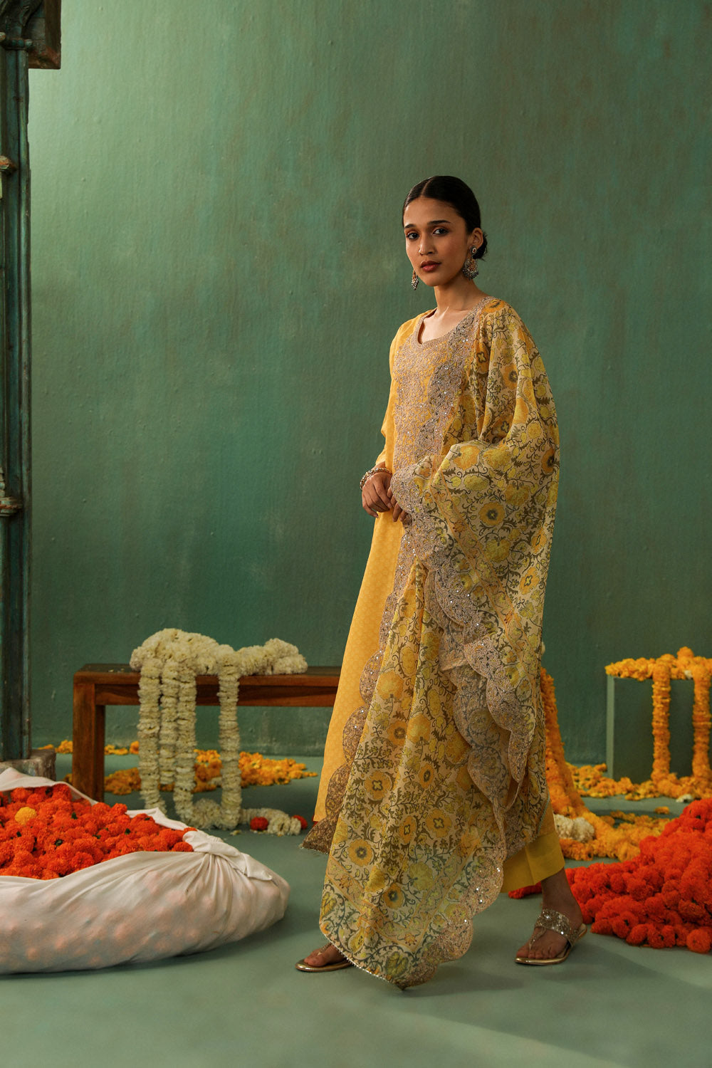 YELLOW STRAIGHT FIT CHANDERI SUIT SET (WITH PANTS AND DUPATTA)