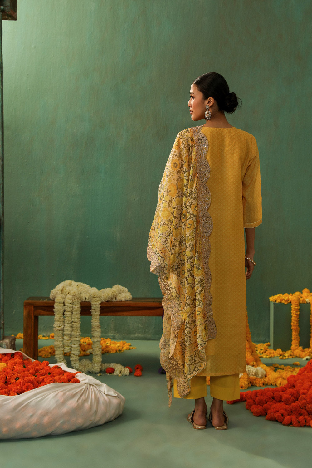 YELLOW STRAIGHT FIT CHANDERI SUIT SET (WITH PANTS AND DUPATTA)