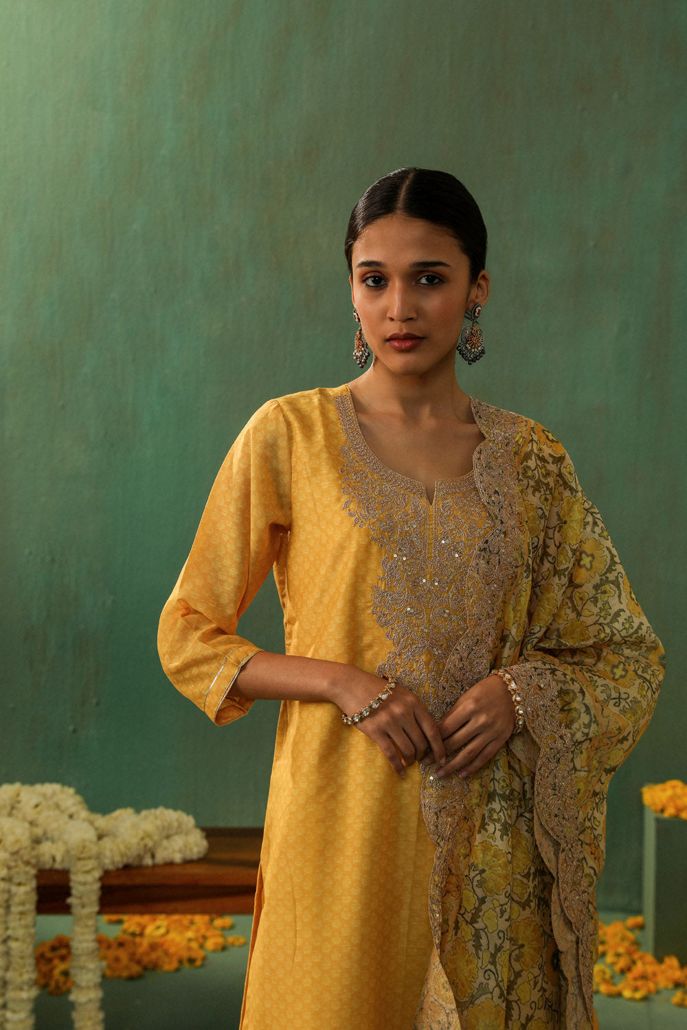 YELLOW STRAIGHT FIT CHANDERI SUIT SET (WITH PANTS AND DUPATTA)