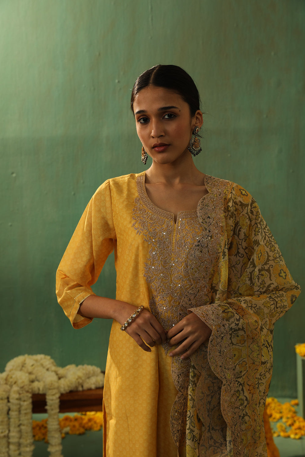 YELLOW STRAIGHT FIT CHANDERI SUIT SET (WITH PANTS AND DUPATTA)