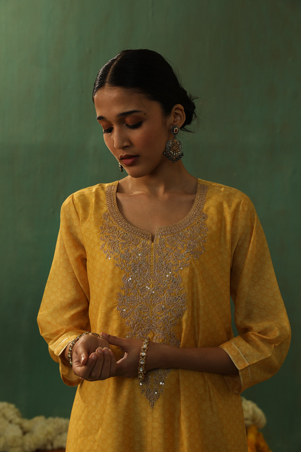 YELLOW STRAIGHT FIT CHANDERI SUIT SET (WITH PANTS AND DUPATTA)