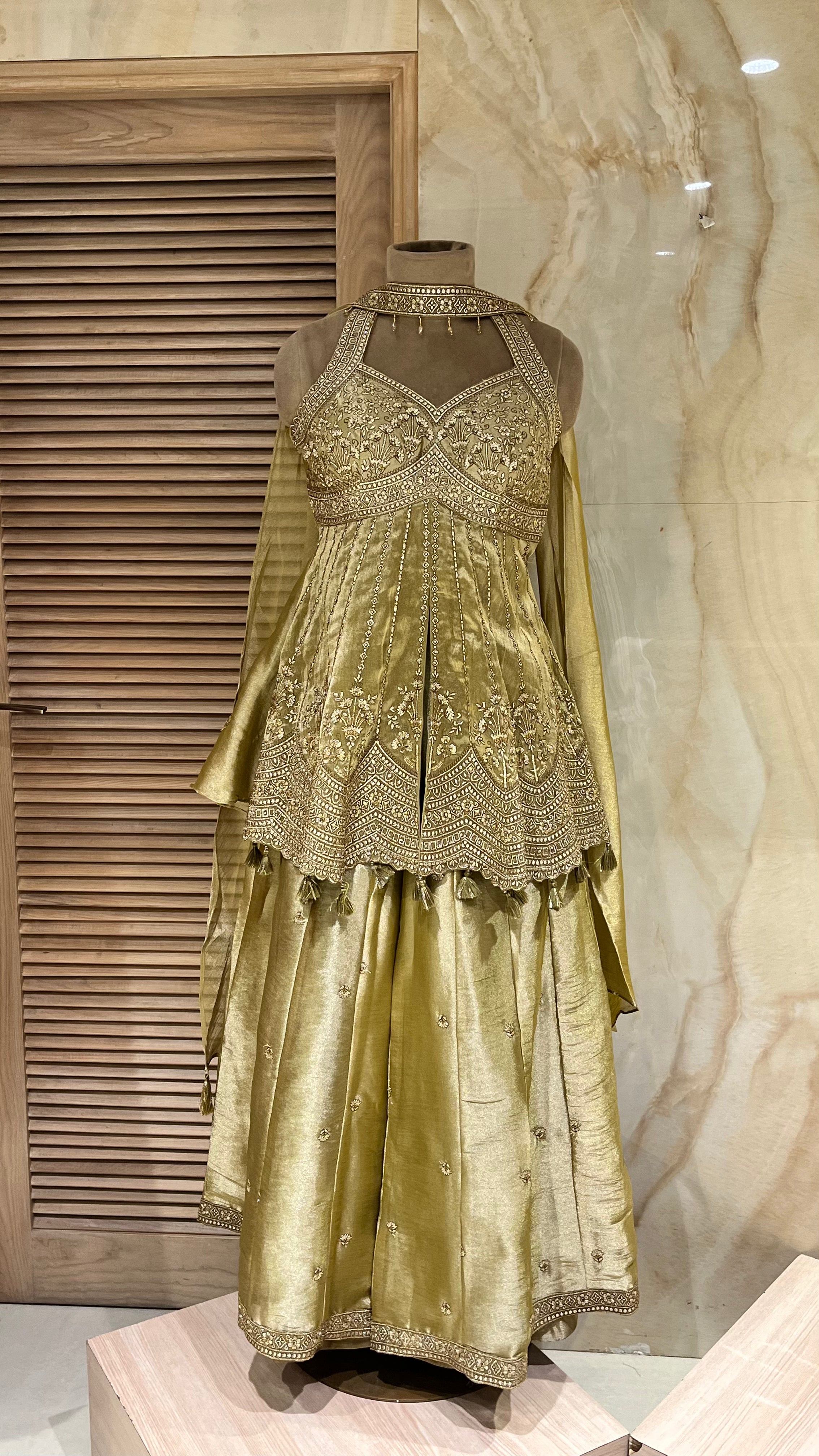 OLIVE GREEN EMBROIDERED SHARARA SUIT