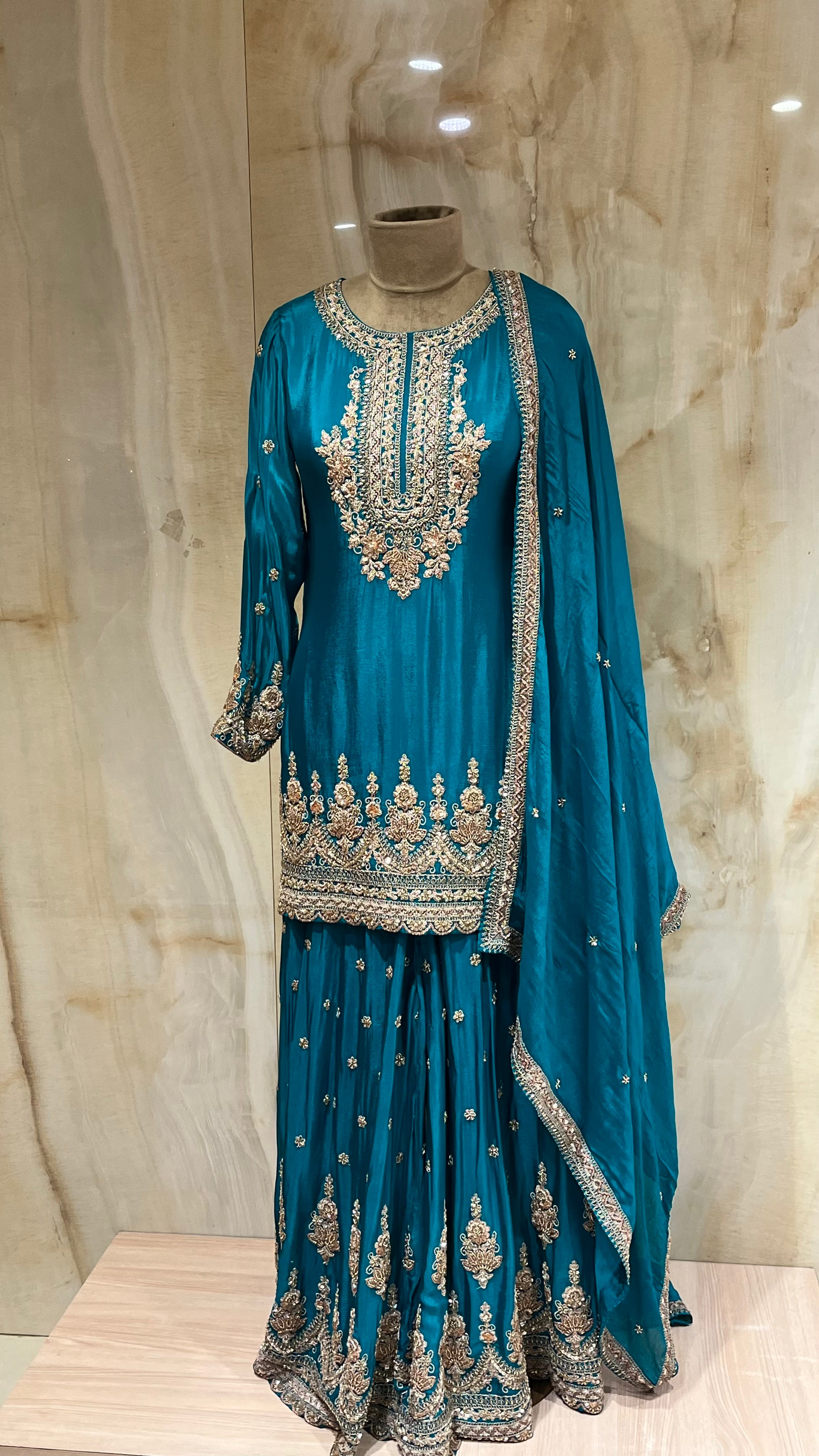 PEACOCK GREEN EMBROIDERED SHARARA SUIT SET