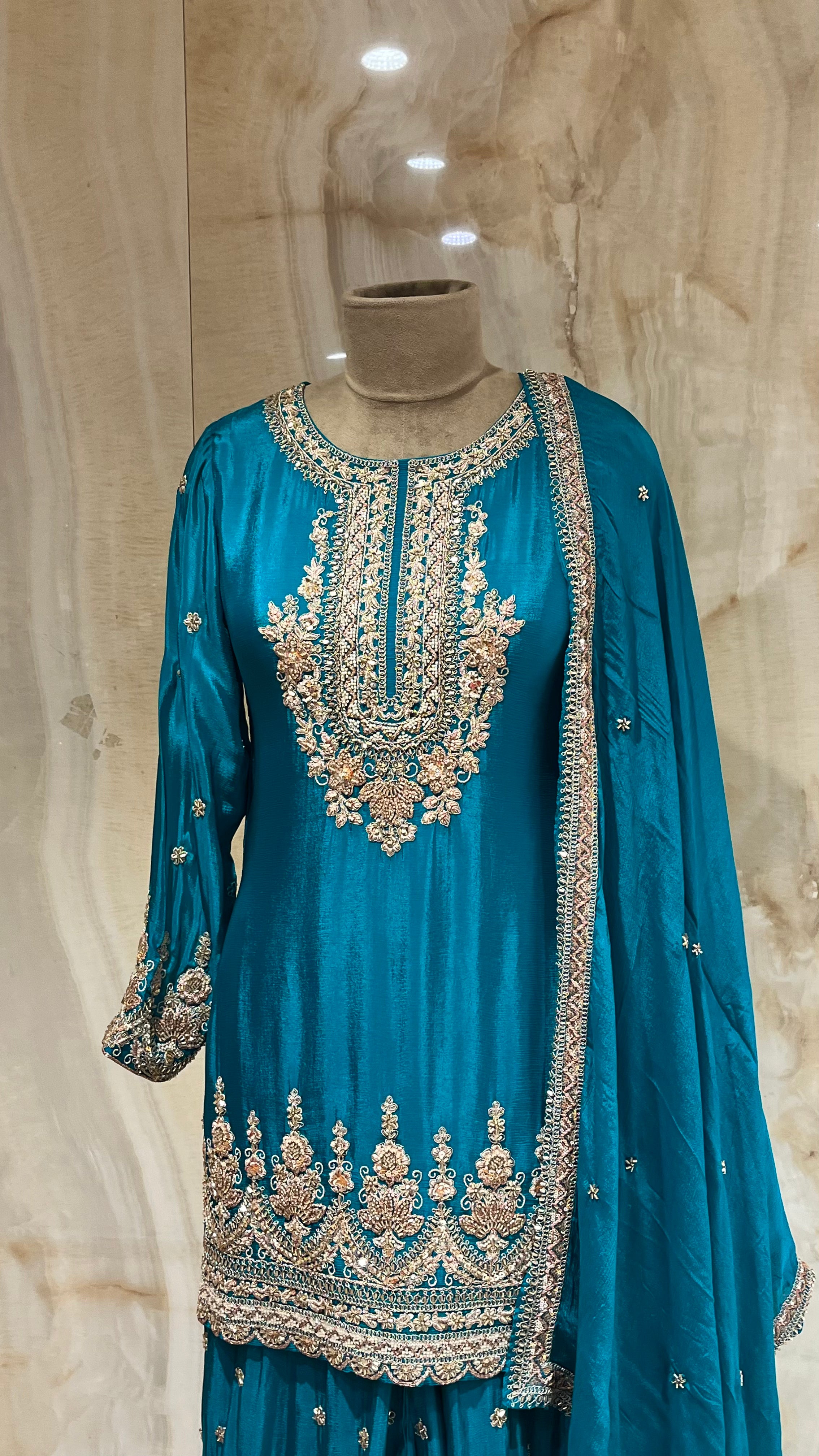 PEACOCK GREEN EMBROIDERED SHARARA SUIT SET