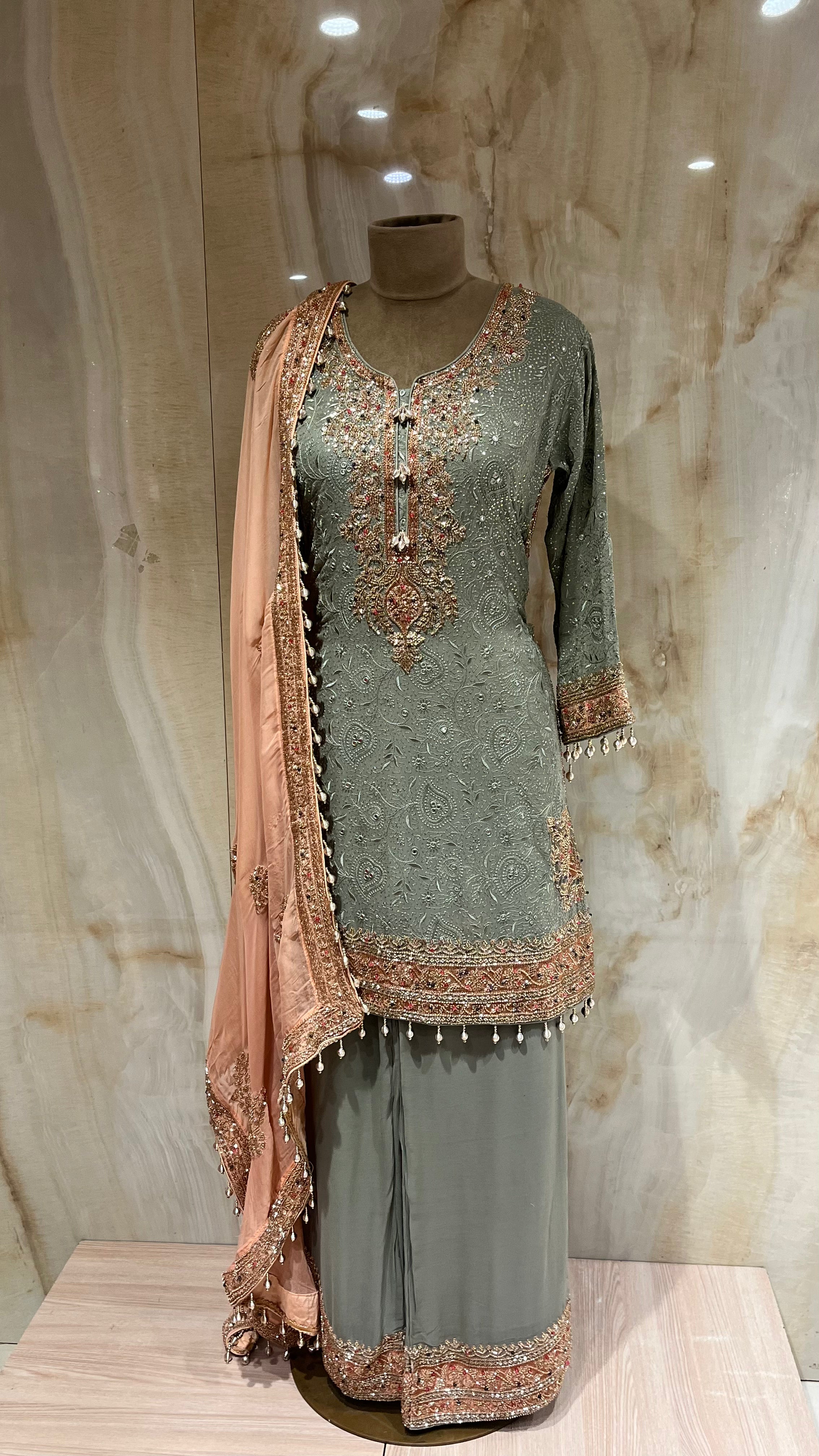 SAGE GREEN EMBROIDERED PANT SUIT SET