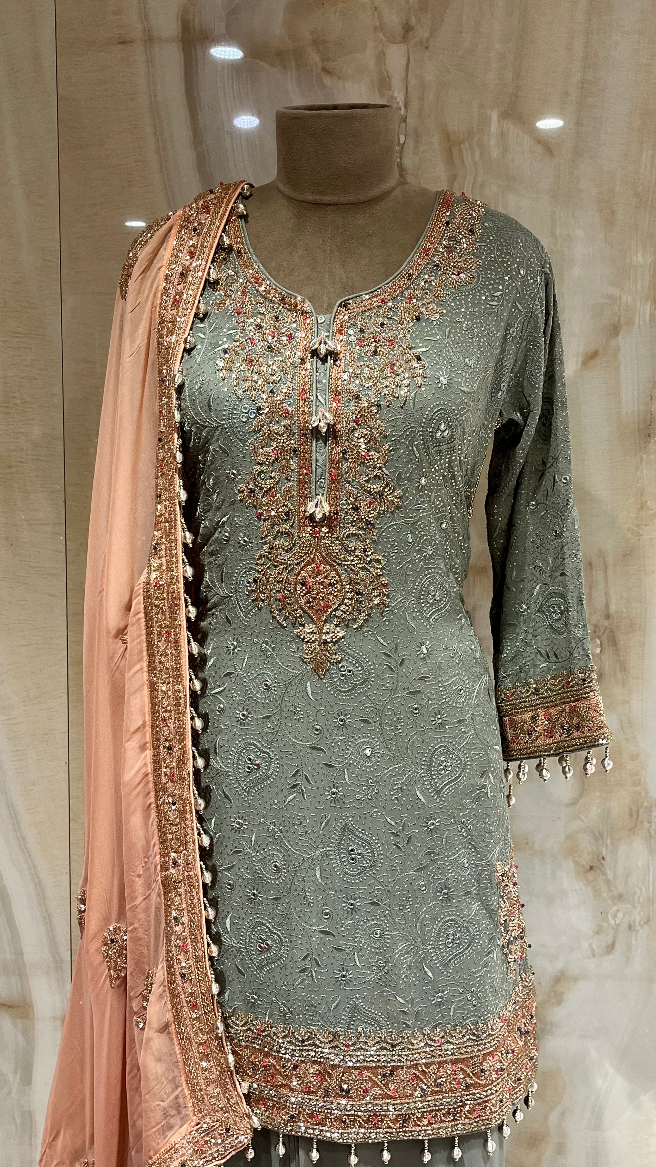 SAGE GREEN EMBROIDERED PANT SUIT SET