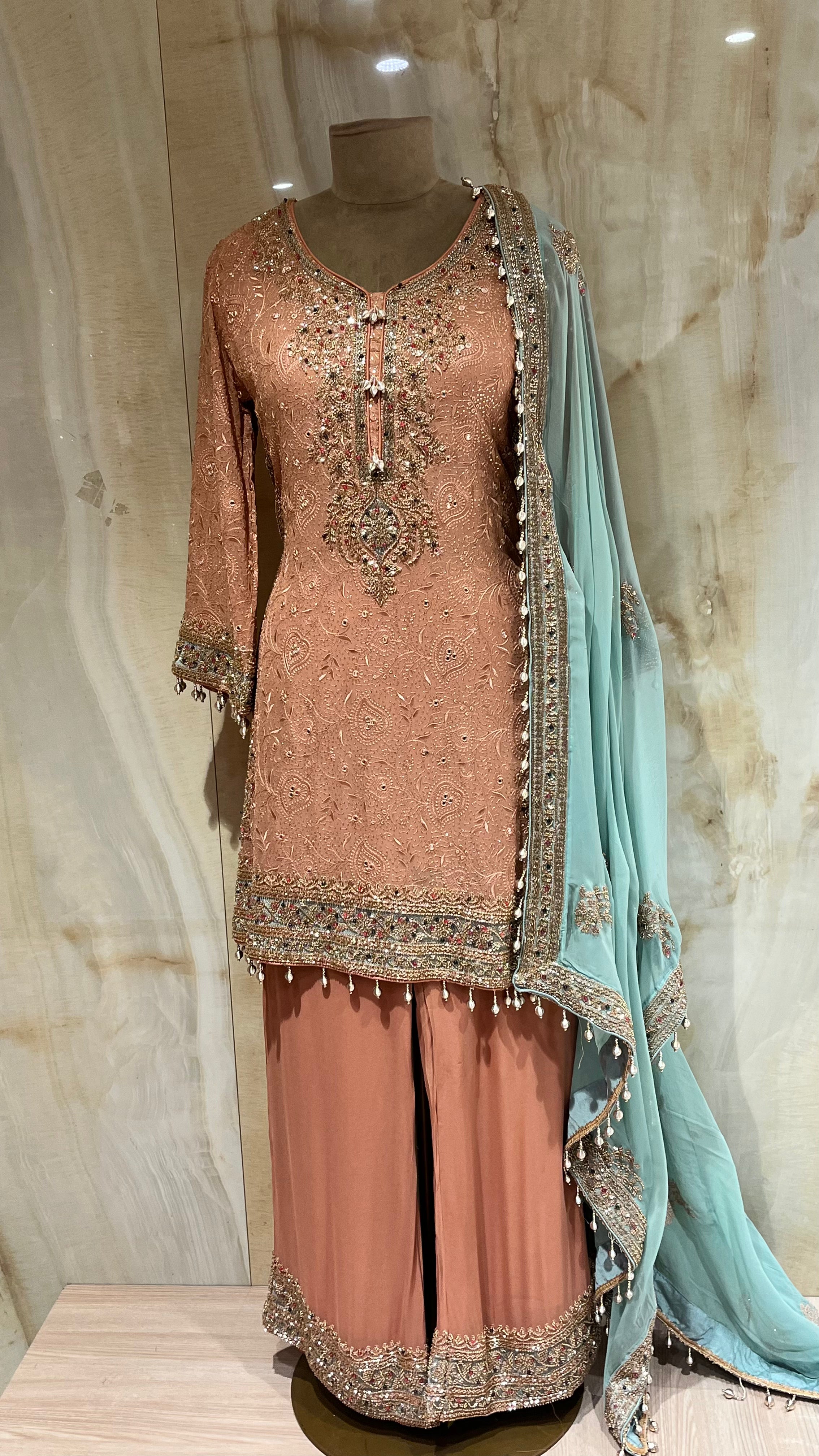 PEACH EMBROIDERED PANT SUIT SET