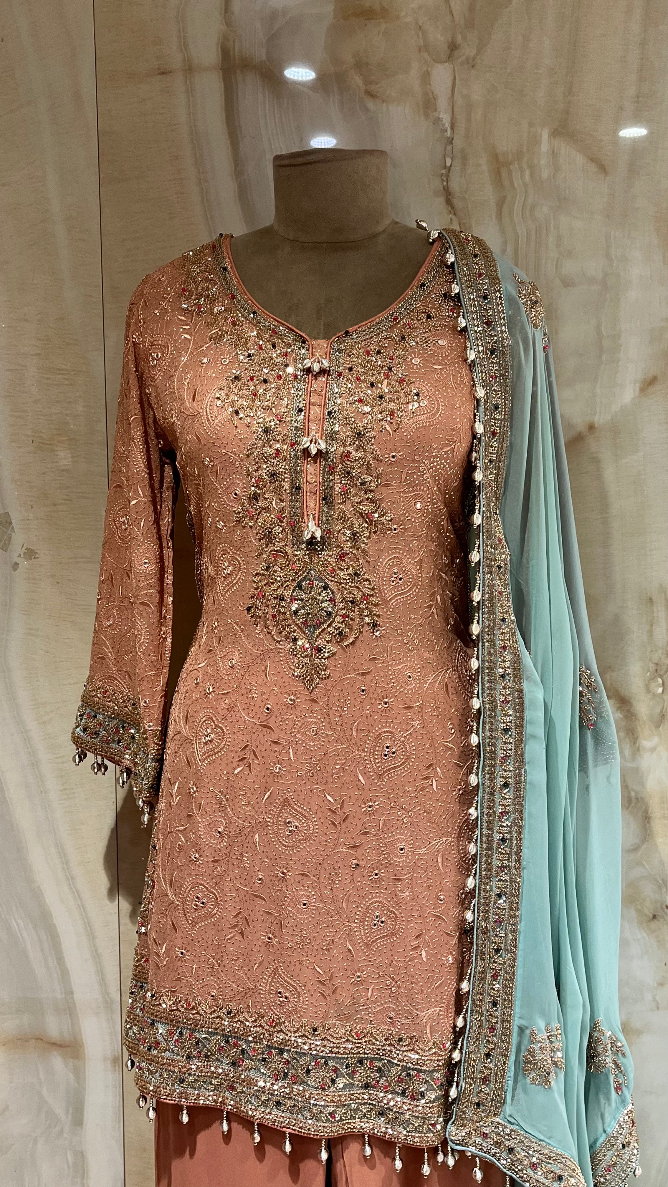 PEACH EMBROIDERED PANT SUIT SET