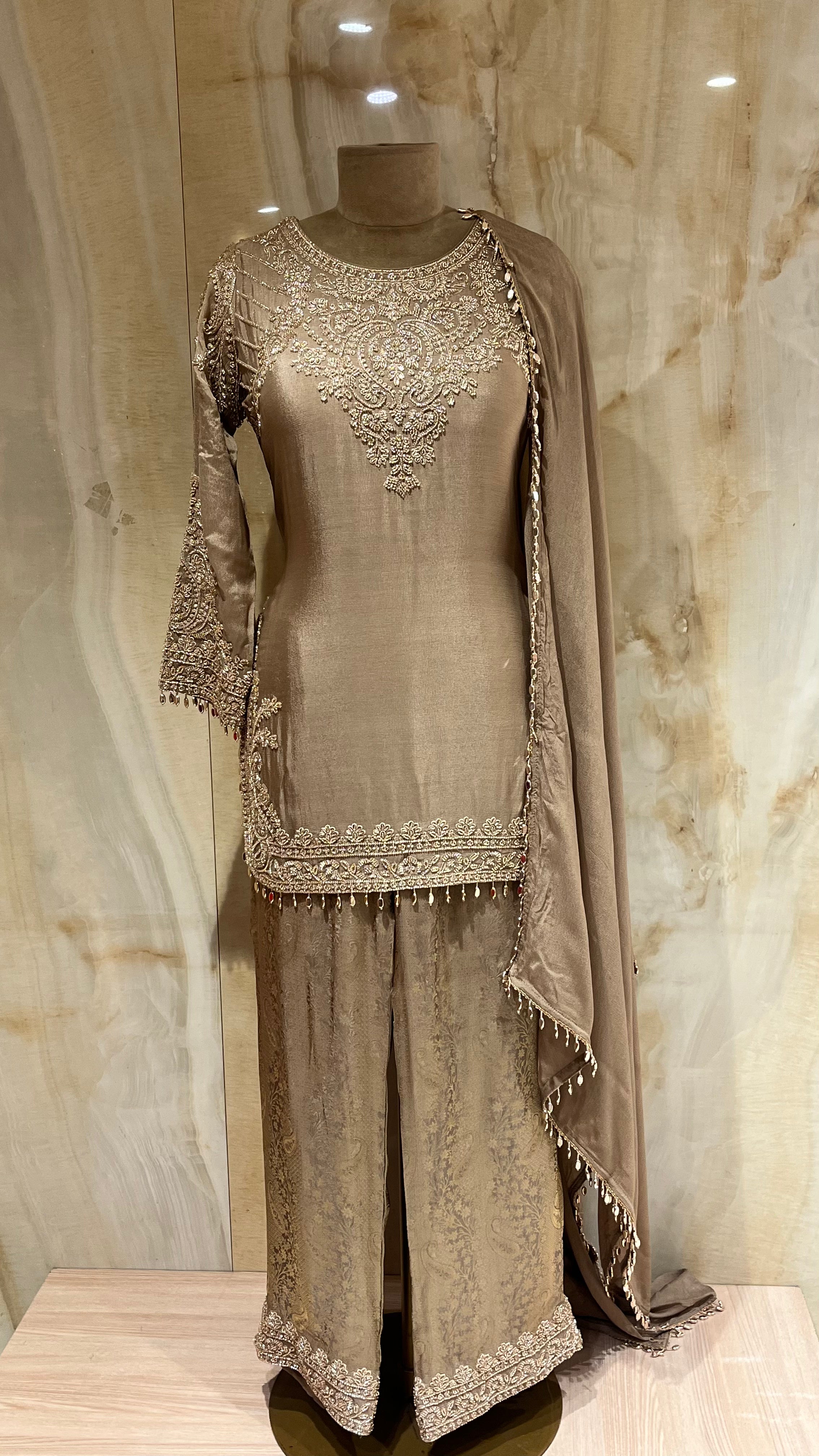 TAUPE EMBROIDERED PANT SUIT SET