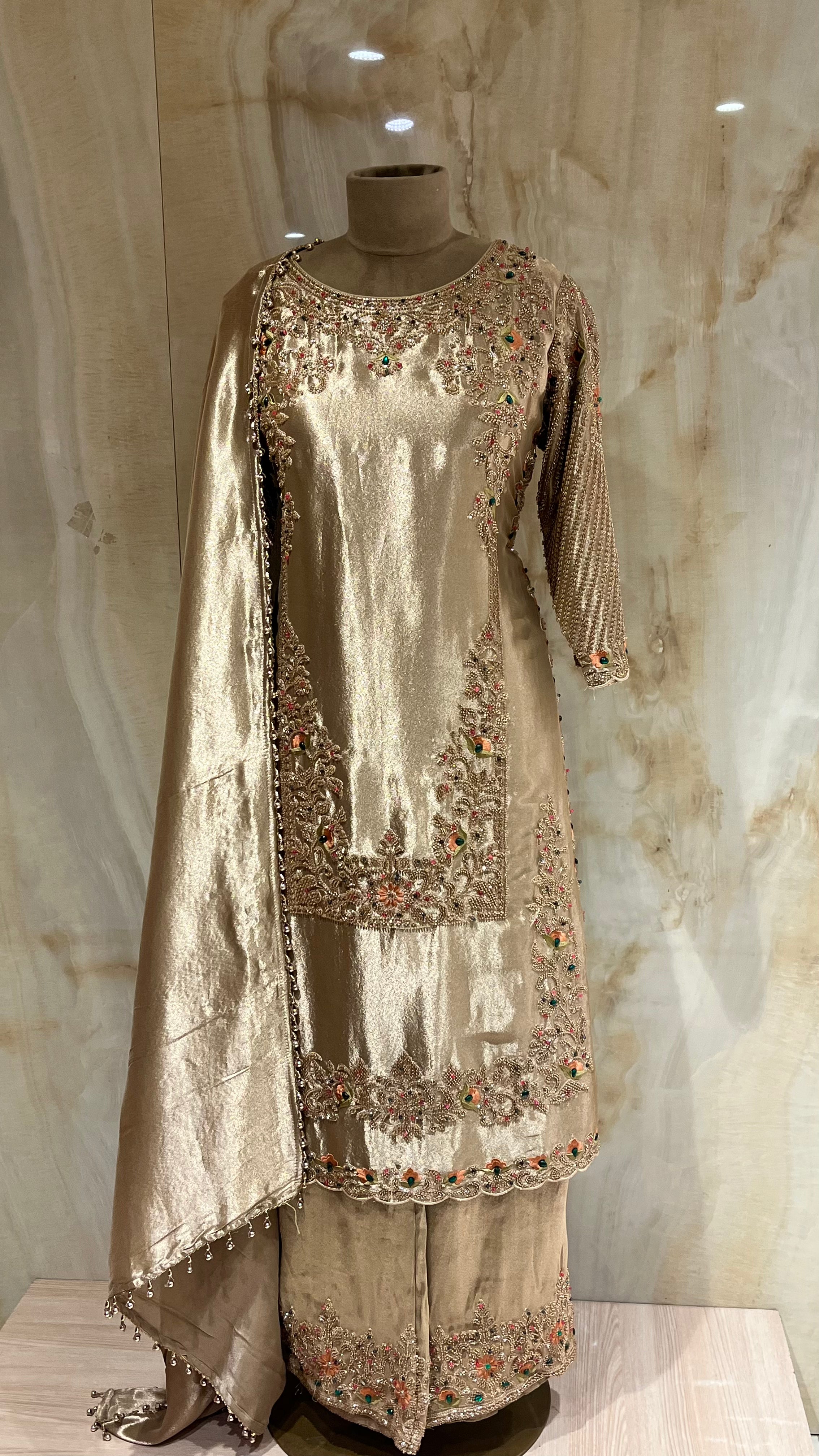 BEIGE EMBROIDERED PANT SUIT SET
