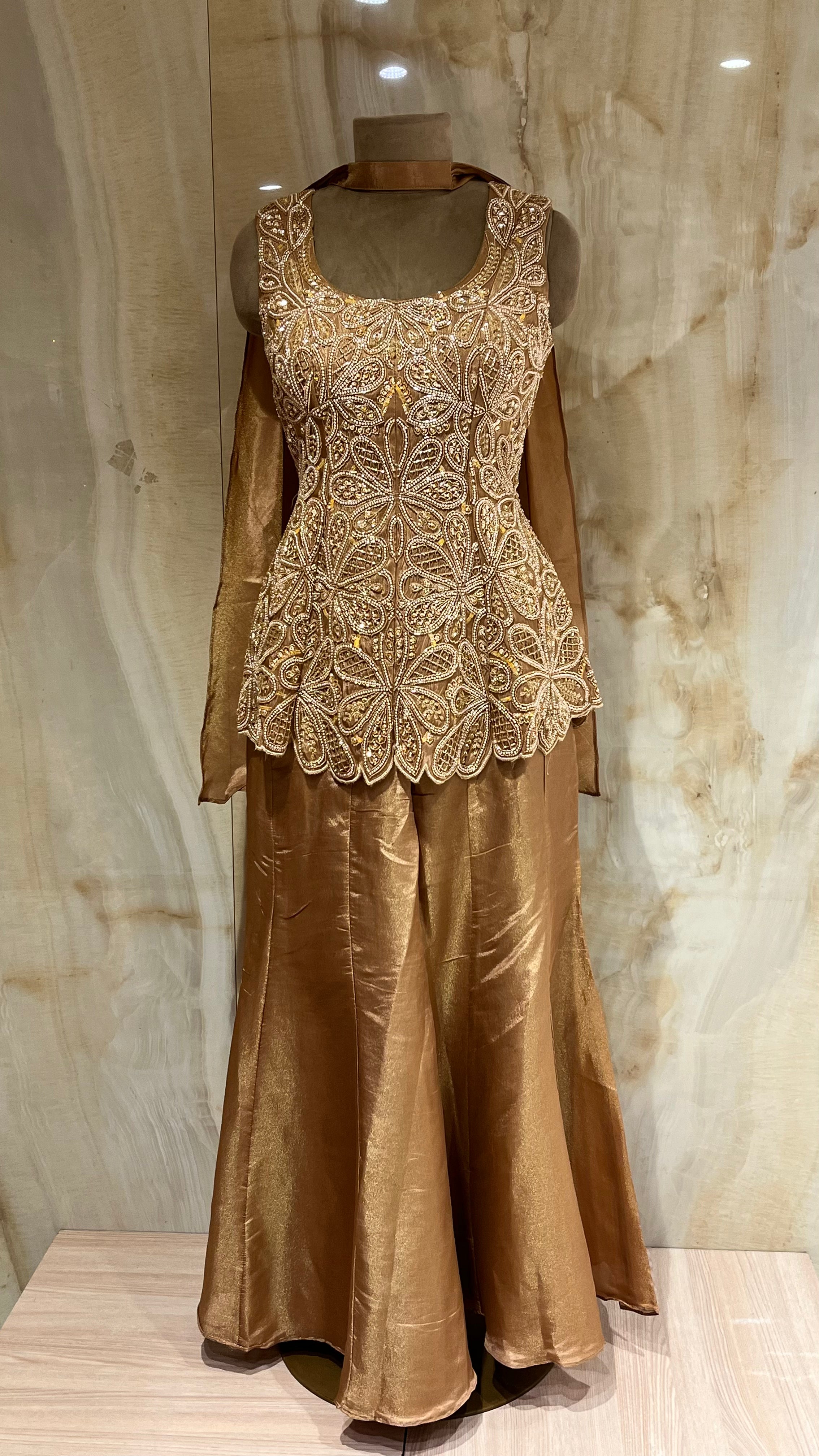 GOLDEN BROWN EMBROIDERED SHARARA SUIT SET
