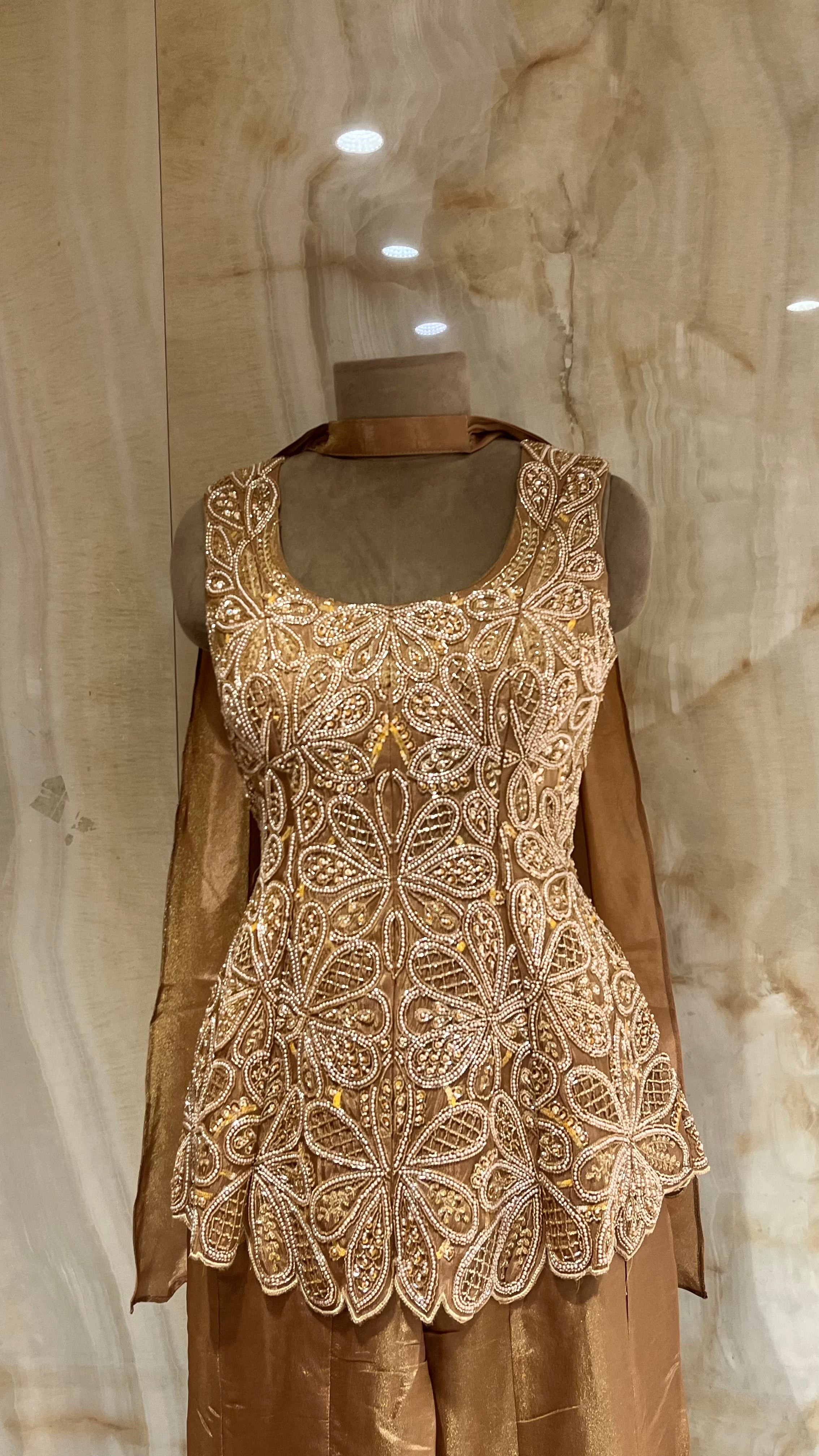 GOLDEN BROWN EMBROIDERED SHARARA SUIT SET
