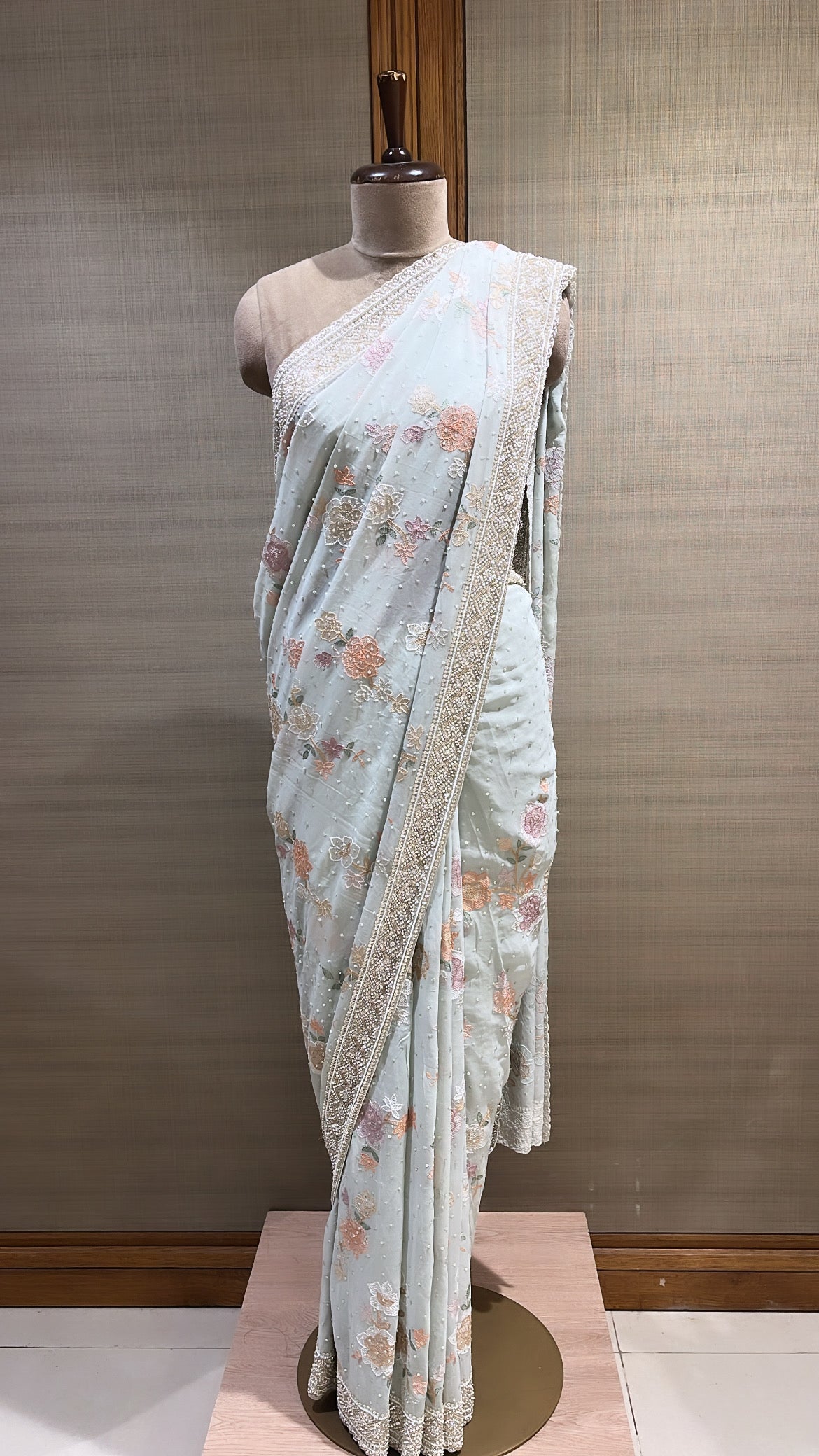 Elegant Mint Green Georgette Saree with Intricate Floral Embroidery