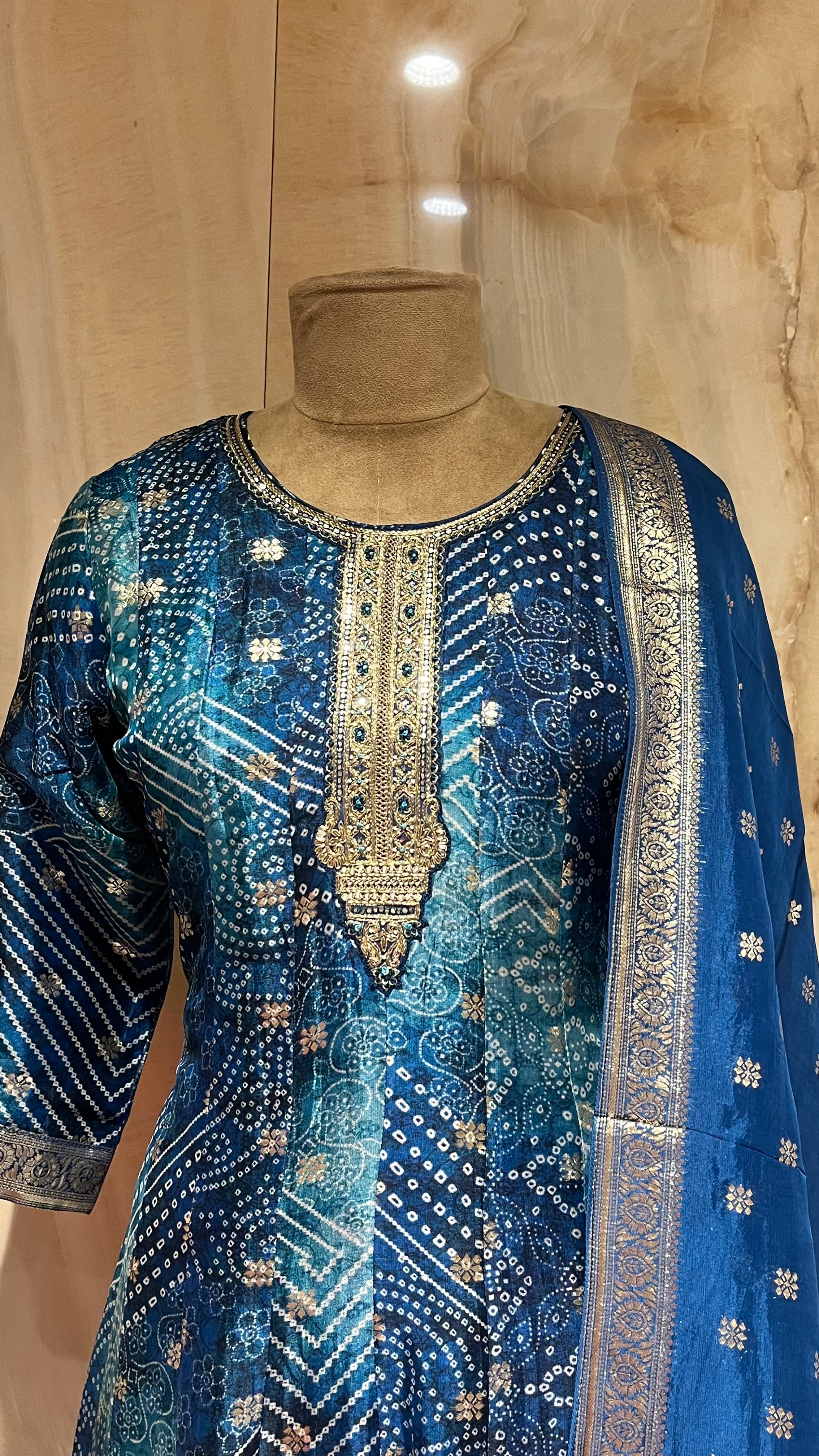BLUE PRINTED ANARKALI SUIT