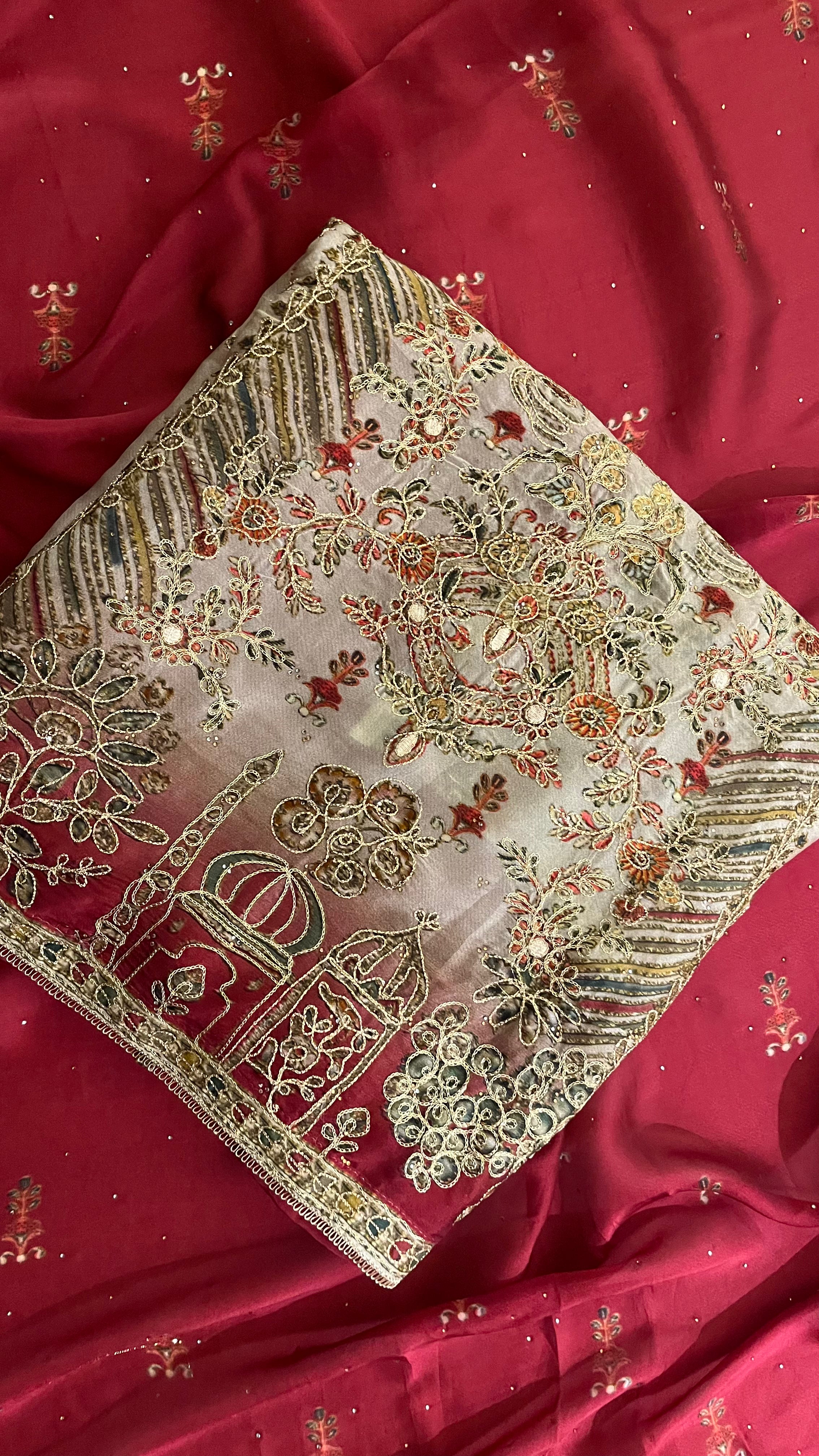RED HEAVY EMBROIDERED UNSTITCHED SUIT