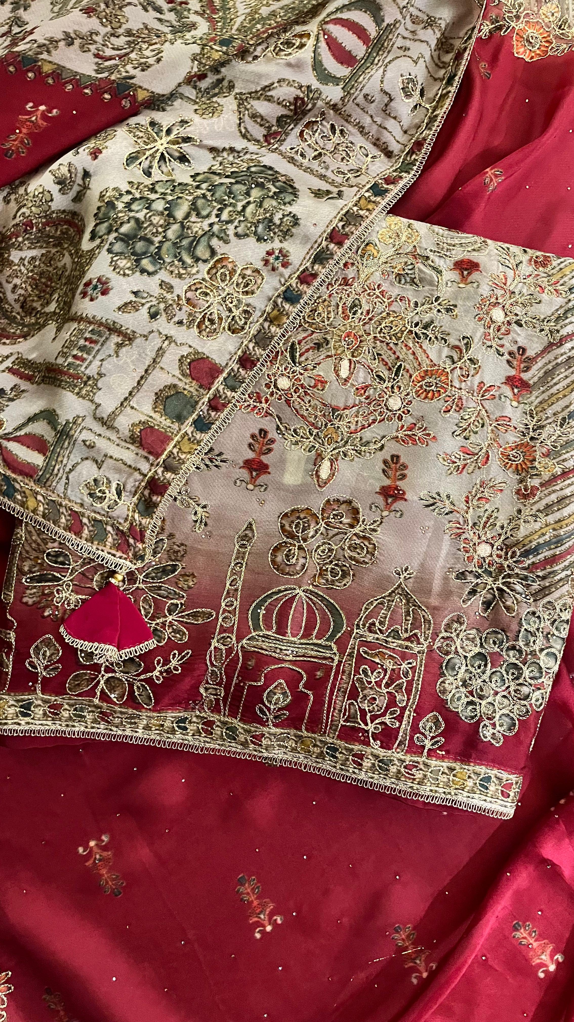 RED HEAVY EMBROIDERED UNSTITCHED SUIT