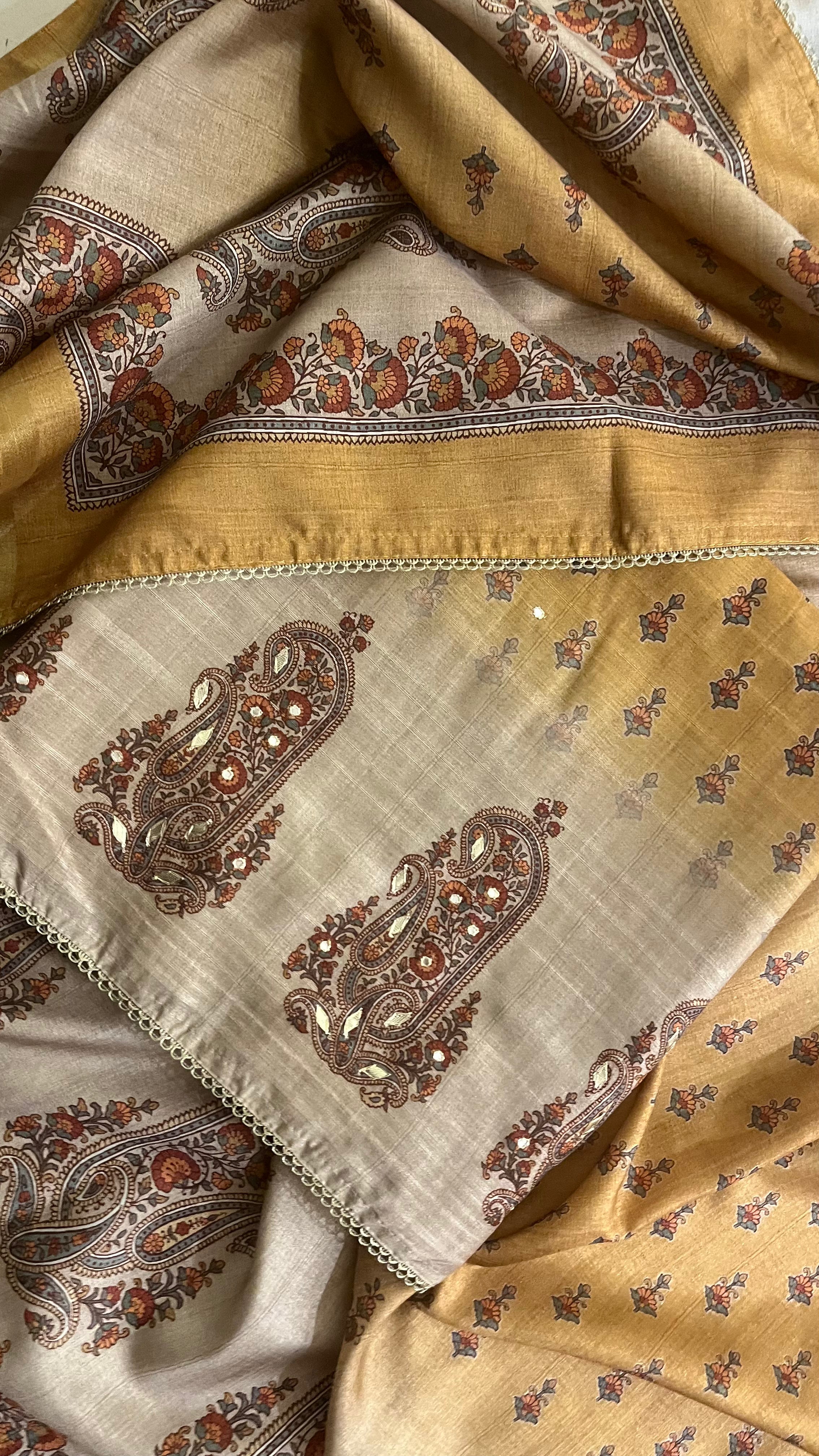 MUSTARD & BEIGE PRINTED UNSTITCHED SUIT