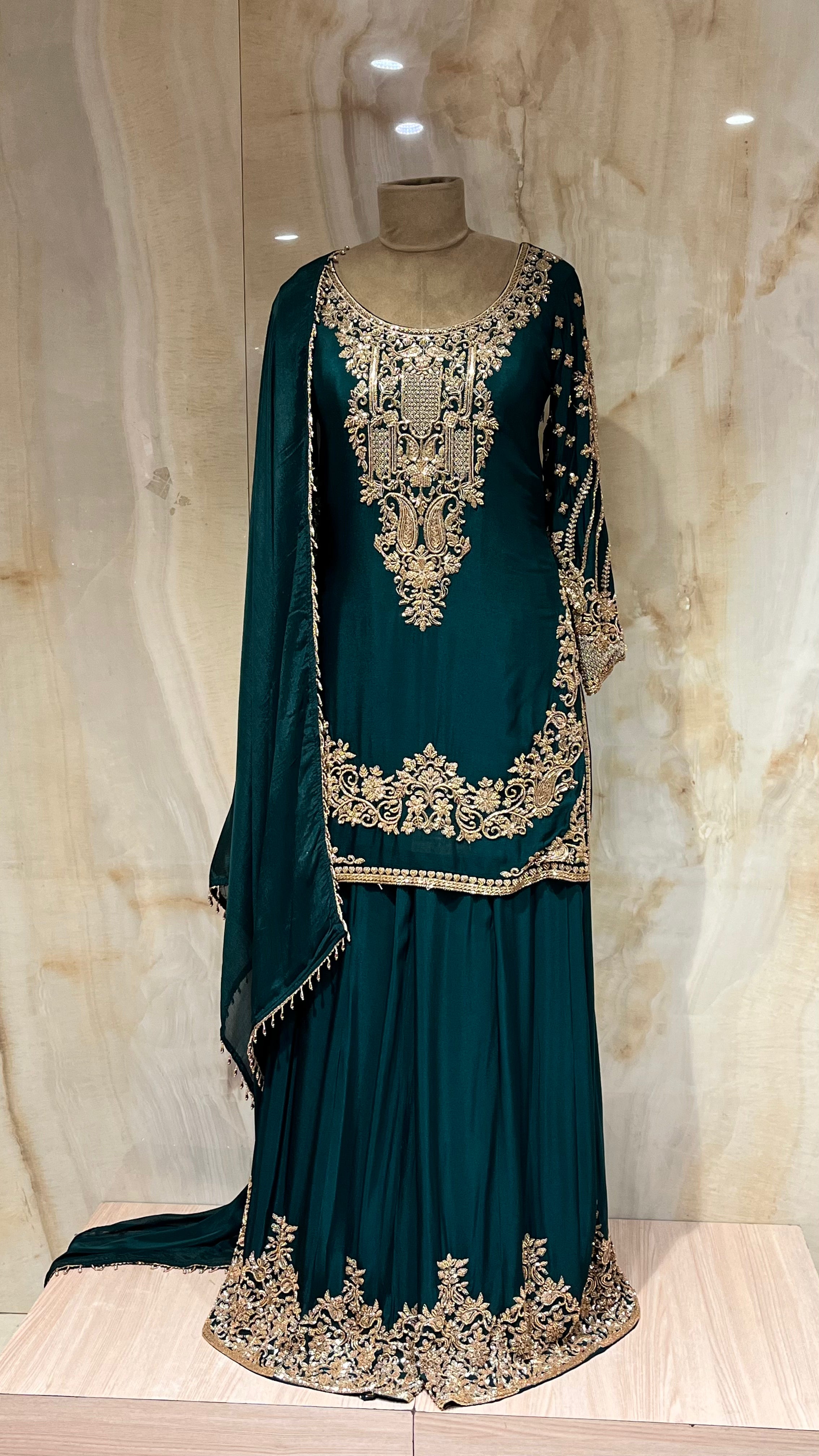 DARK GREEN HEAVY EMBROIDERED SHARARA SUIT