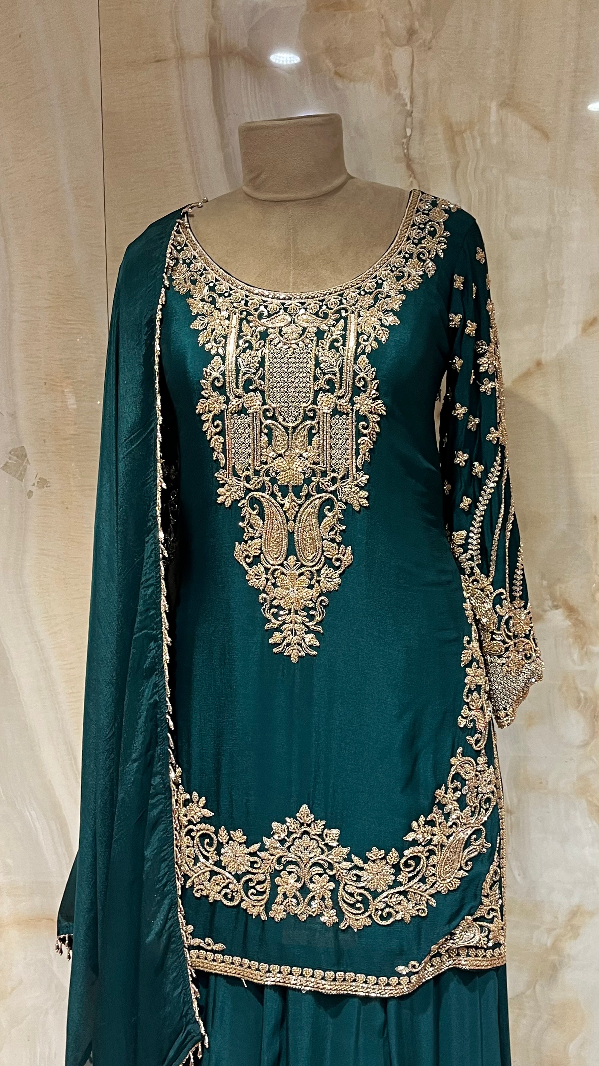 DARK GREEN HEAVY EMBROIDERED SHARARA SUIT