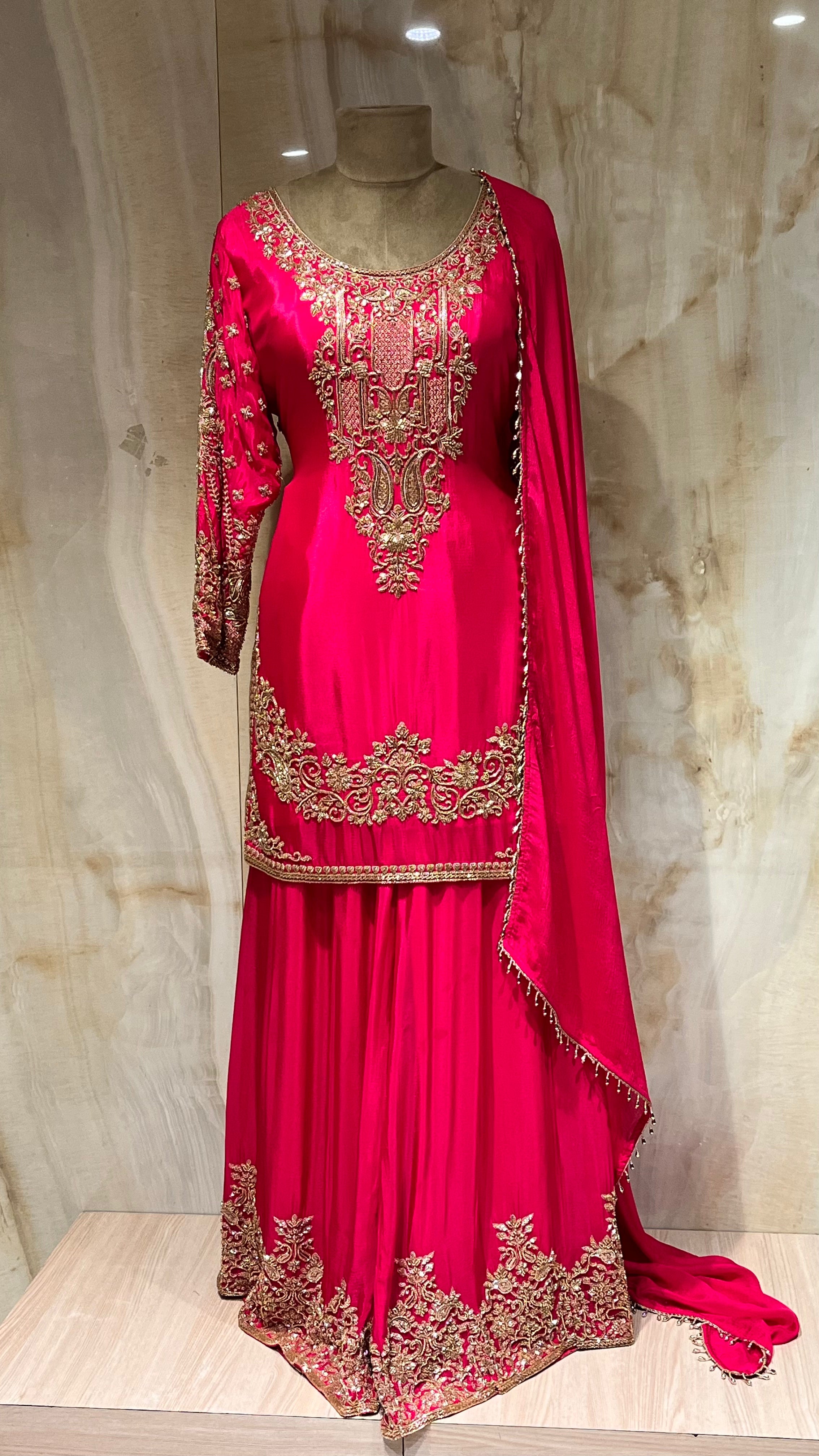 RANI PINK HEAVY EMBROIDERED SHARARA SUIT