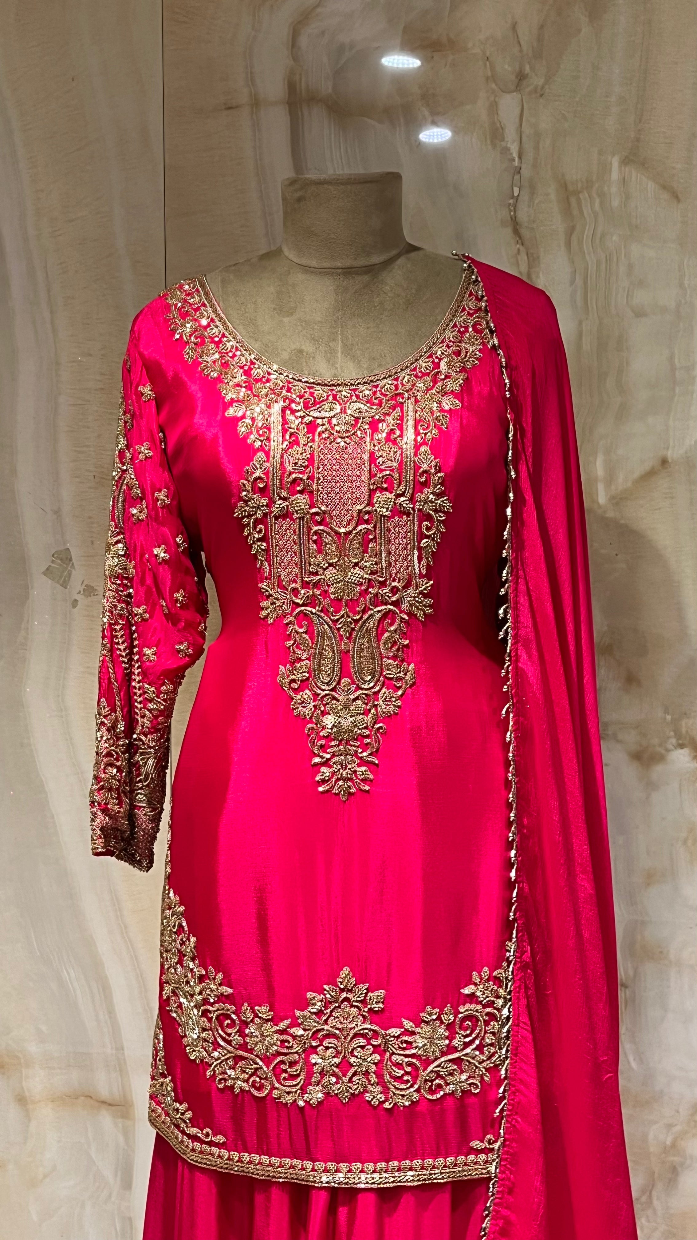 RANI PINK HEAVY EMBROIDERED SHARARA SUIT