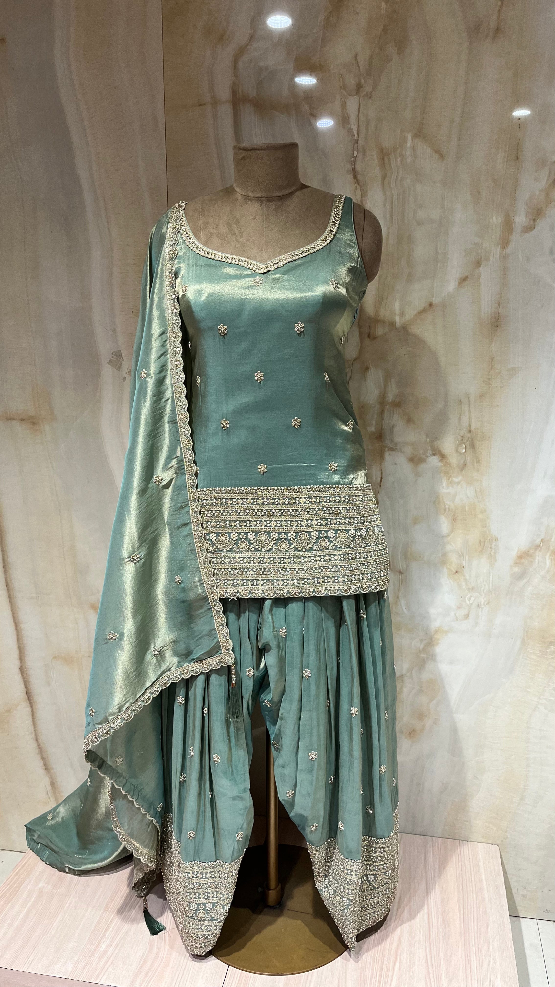 SAGE GREEN EMBROIDERED PATIALA SUIT