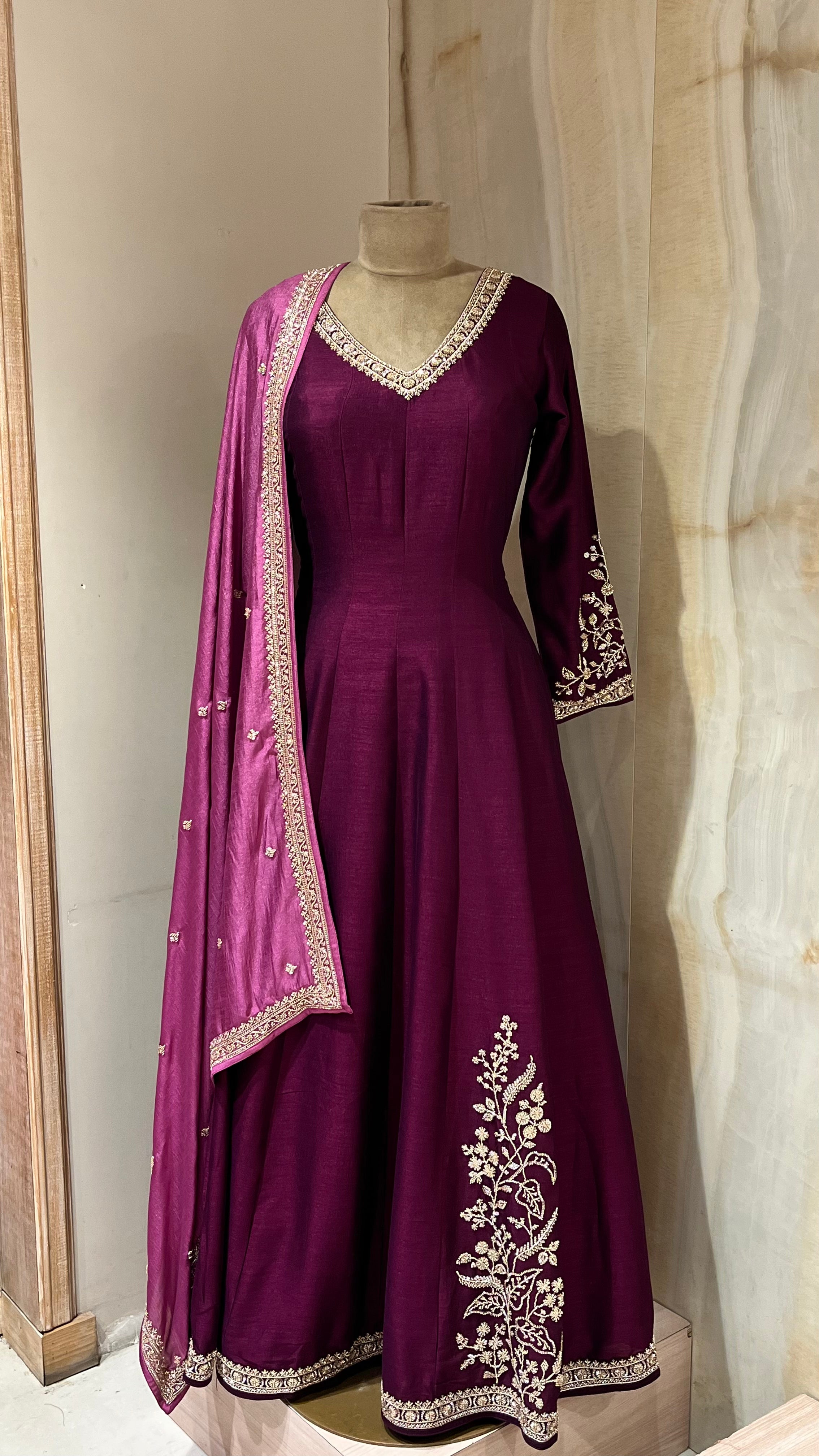 WINE EMBROIDERED ANARKALI SUIT