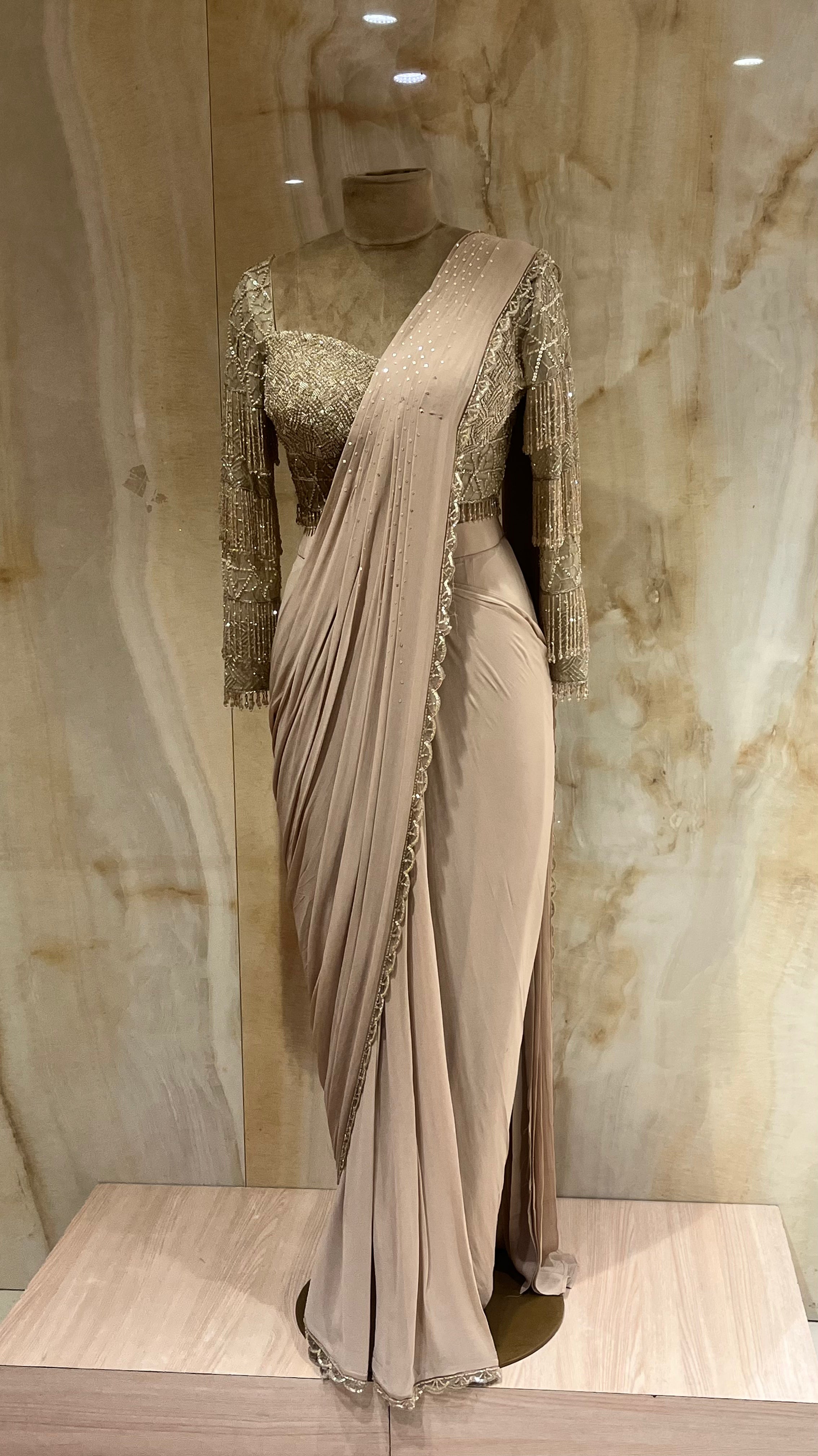 BEIGE EMBELLISHED DRAPE SAREE