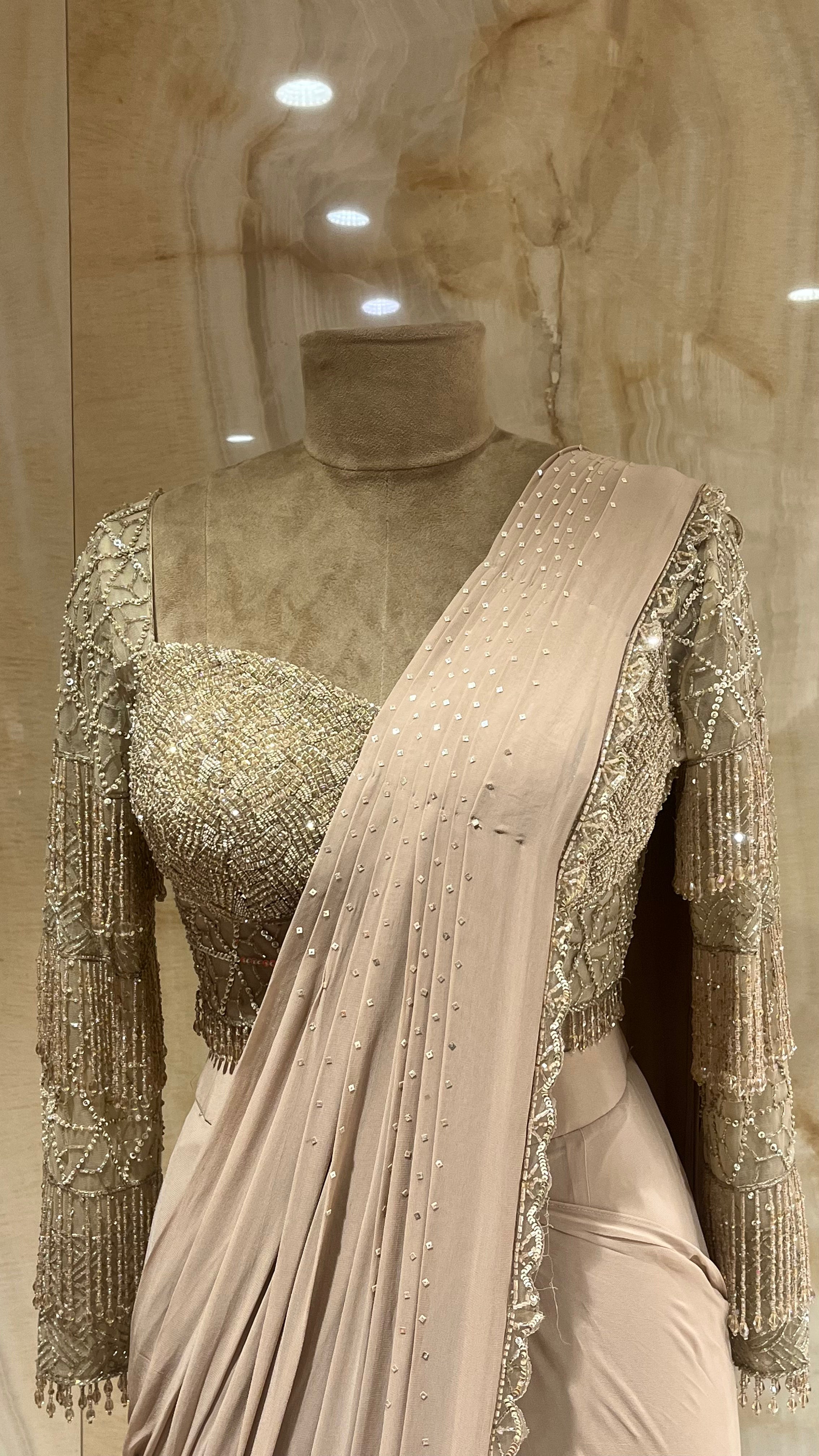 BEIGE EMBELLISHED DRAPE SAREE
