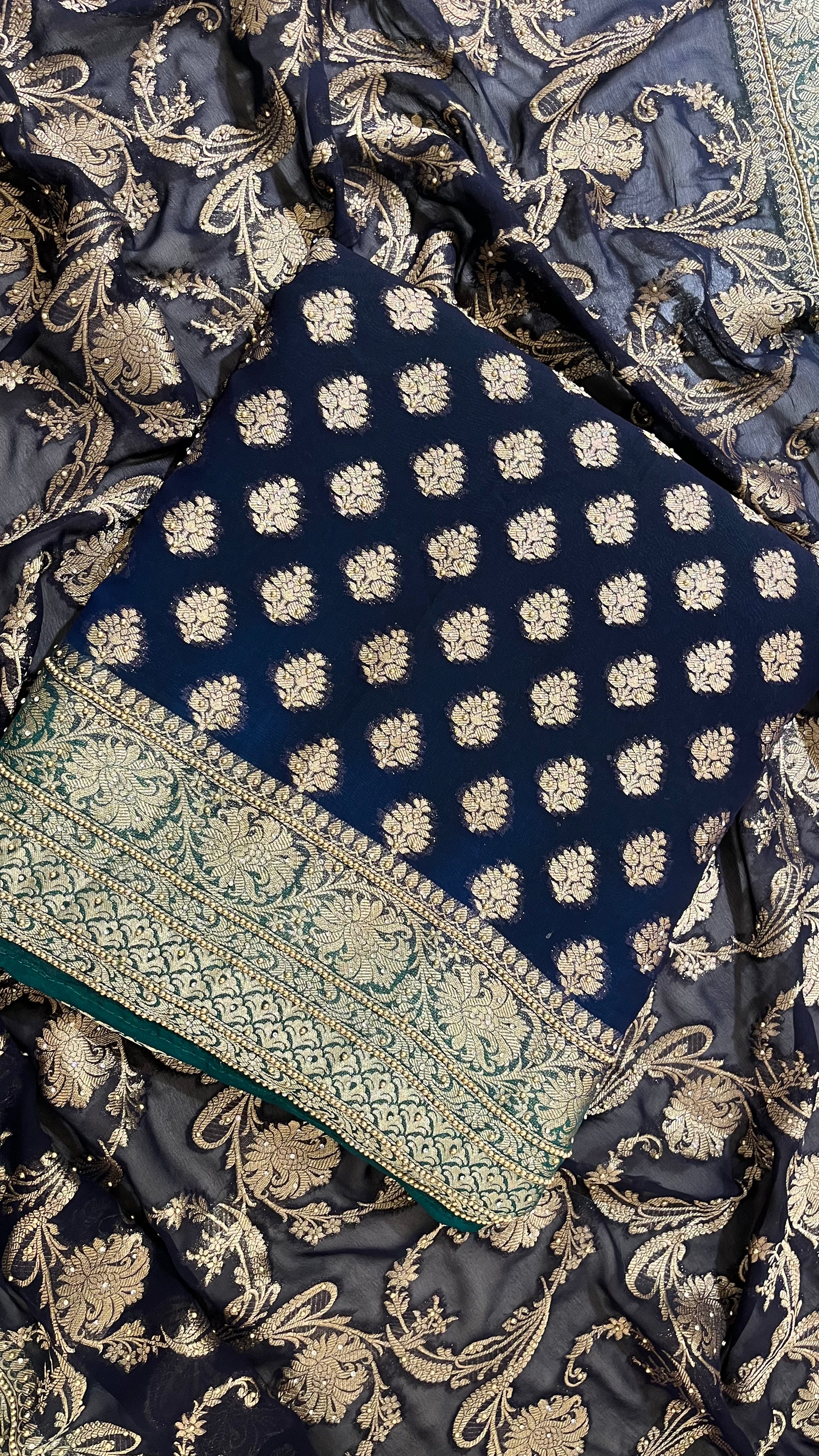 NAVY BLUE & GREEN BANARASI UNSTITCHED SUIT