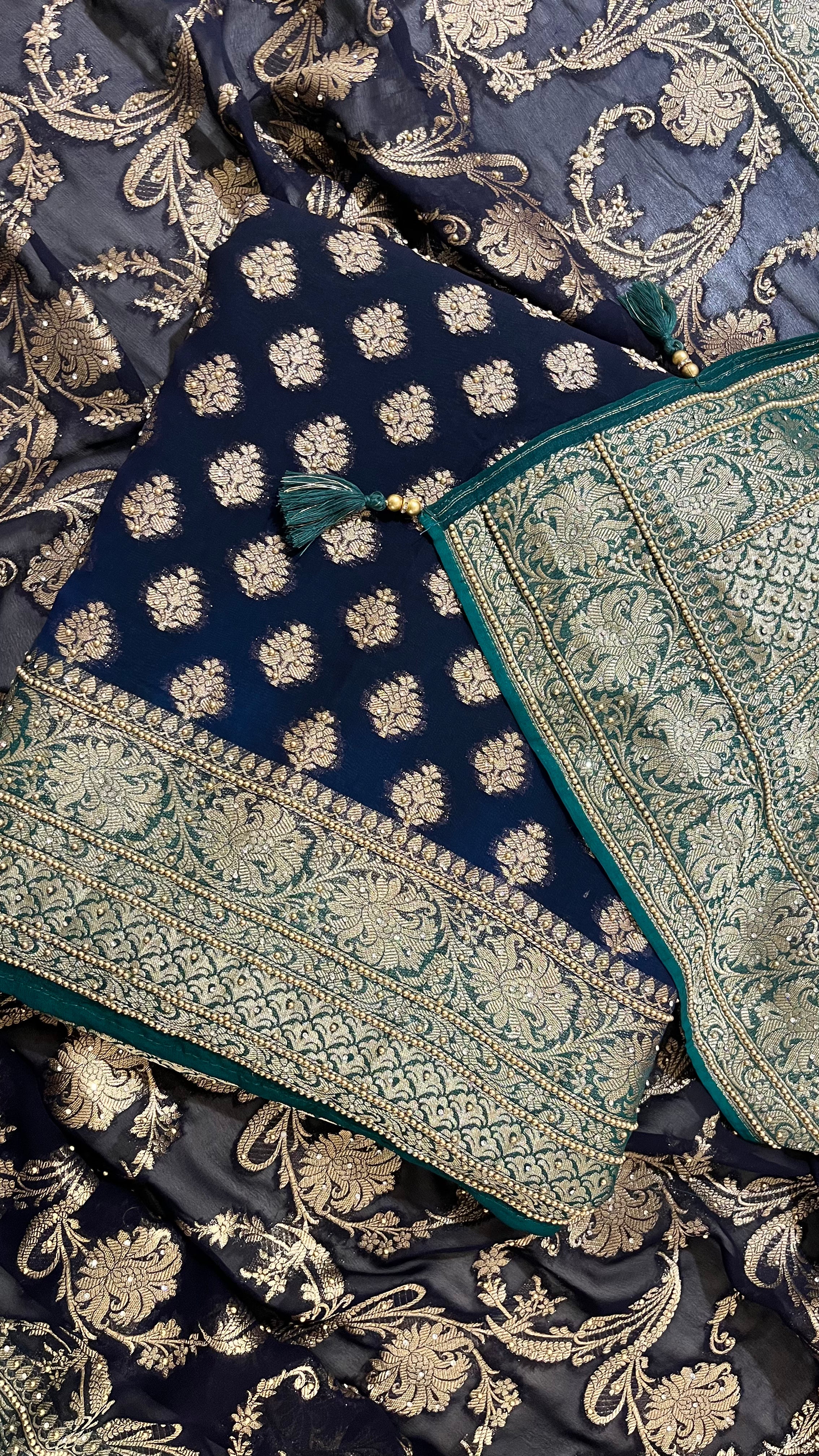 NAVY BLUE & GREEN BANARASI UNSTITCHED SUIT