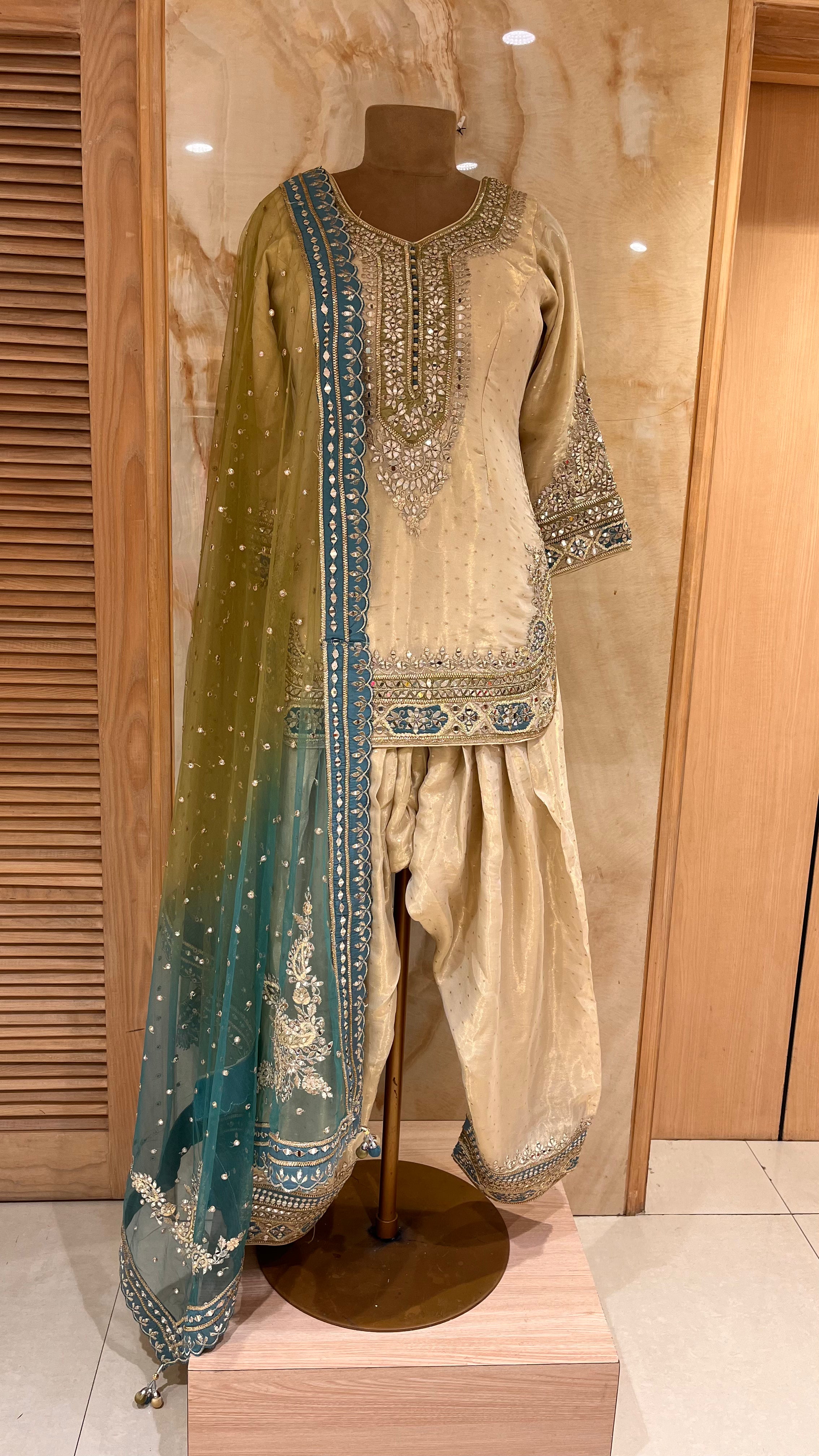 ELEGANT BEIGE & TEAL EMBROIDERED SUIT SET