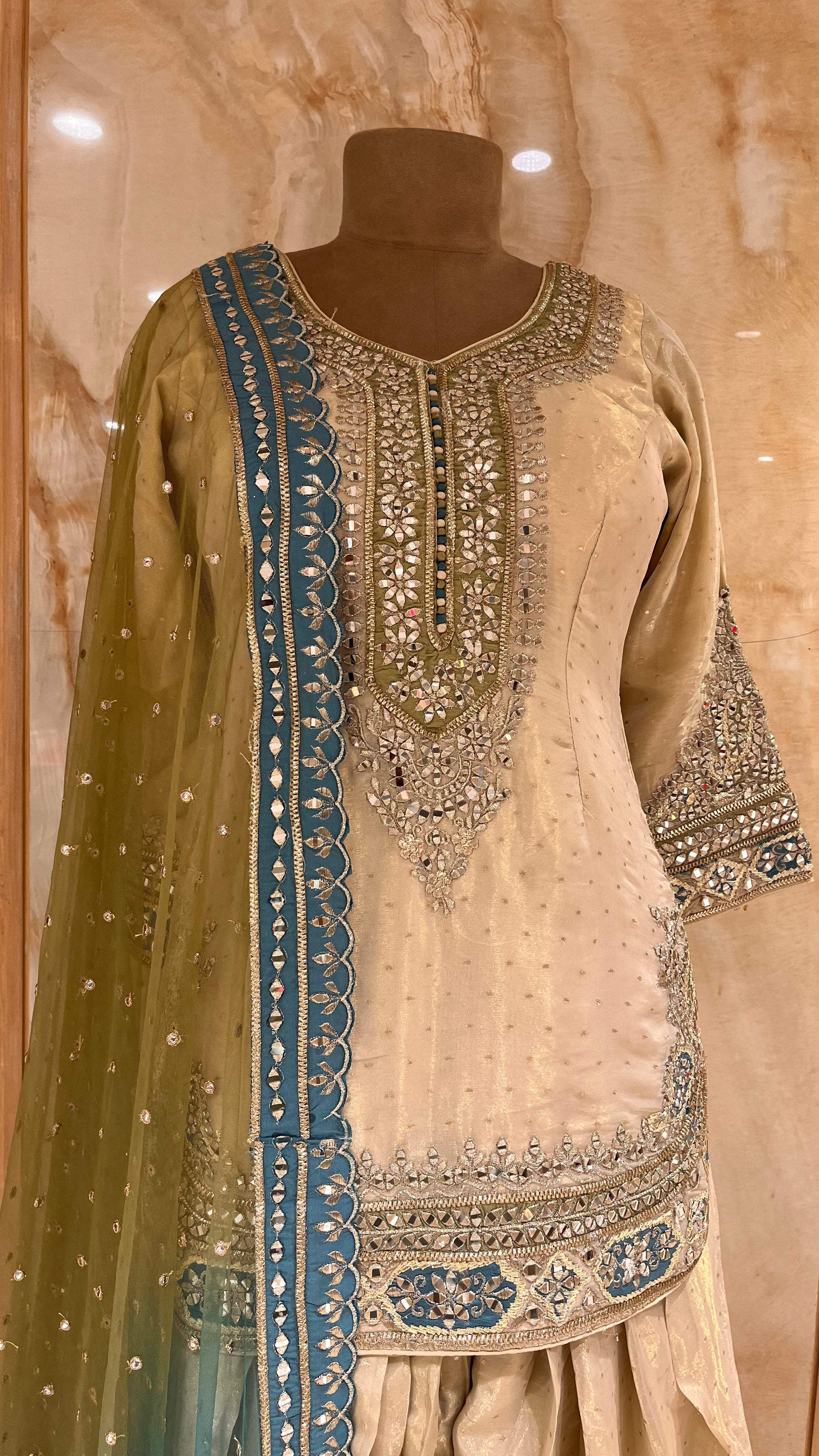 ELEGANT BEIGE & TEAL EMBROIDERED SUIT SET