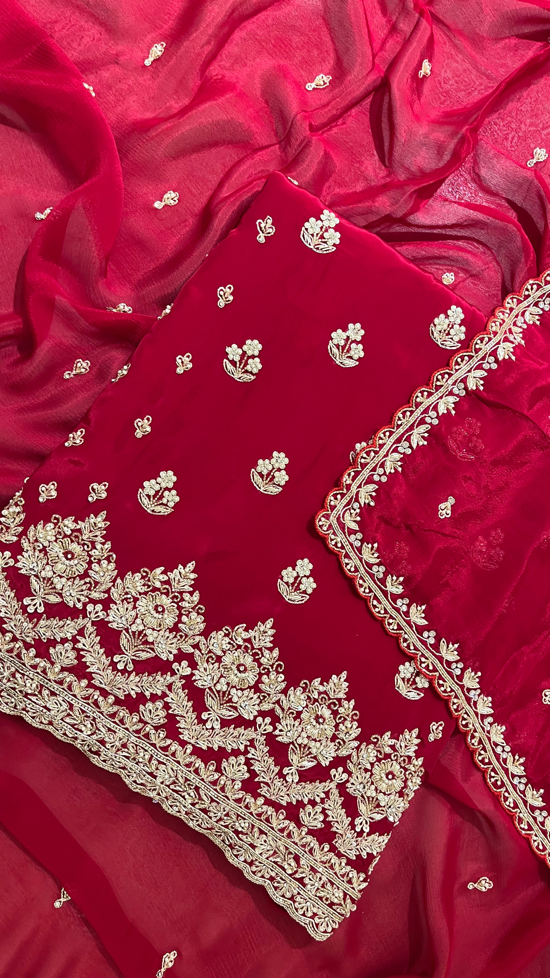 RED EMBROIDERED UNSTITCHED SUIT