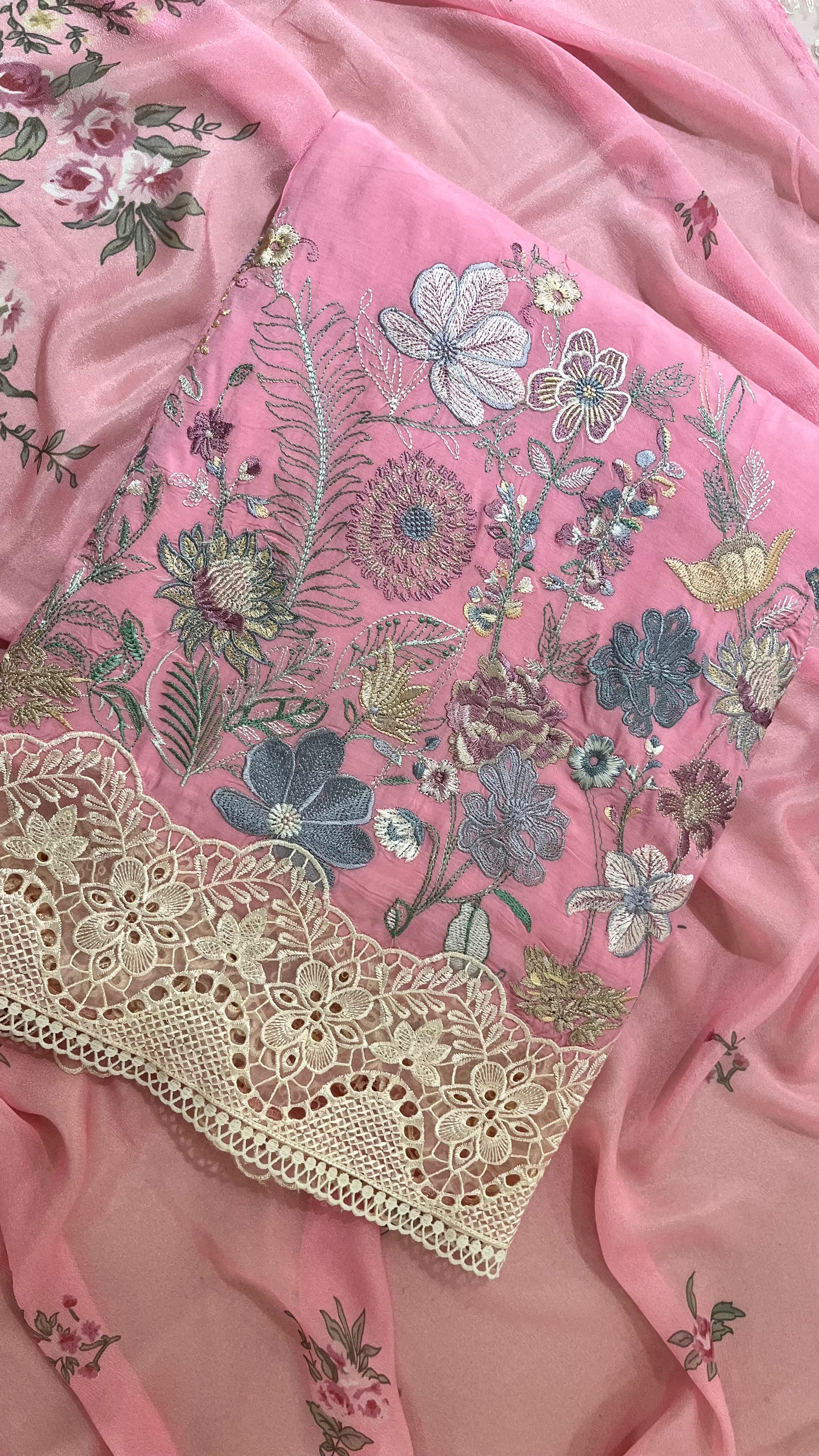 PINK FLORAL EMBROIDERED UNSTITCHED SUIT