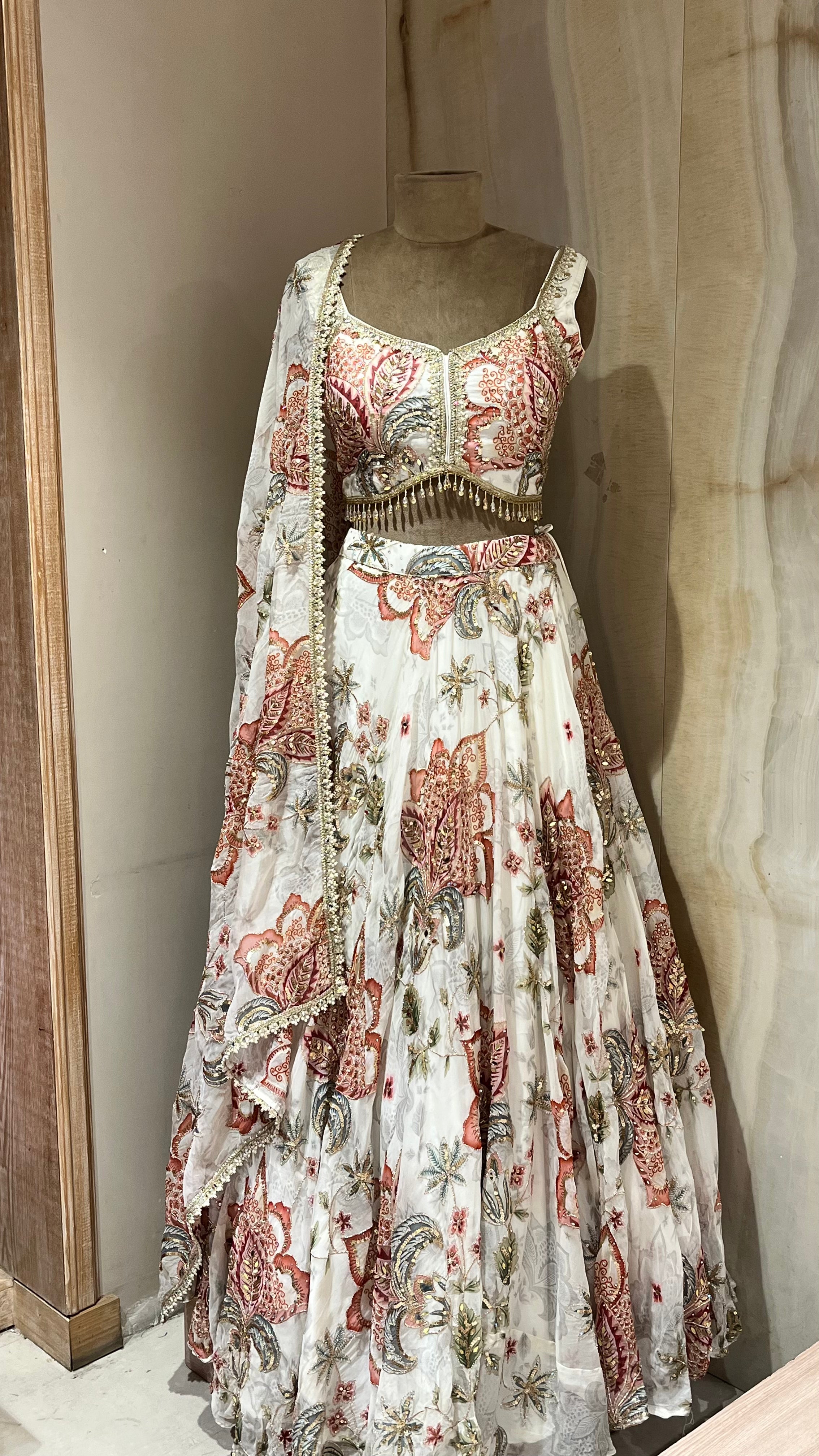 WHITE FLORAL EMBROIDERED LEHENGA