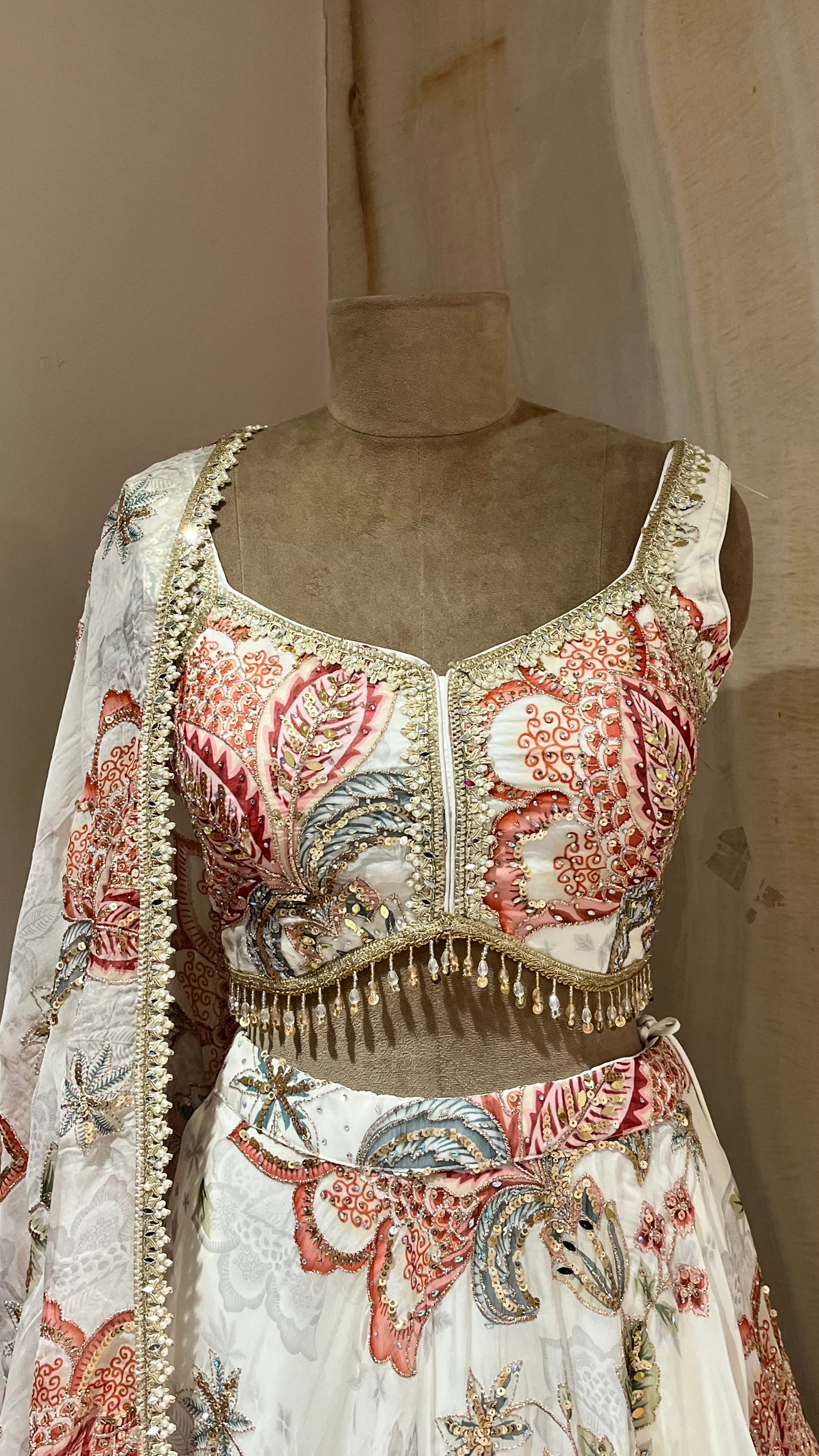 WHITE FLORAL EMBROIDERED LEHENGA