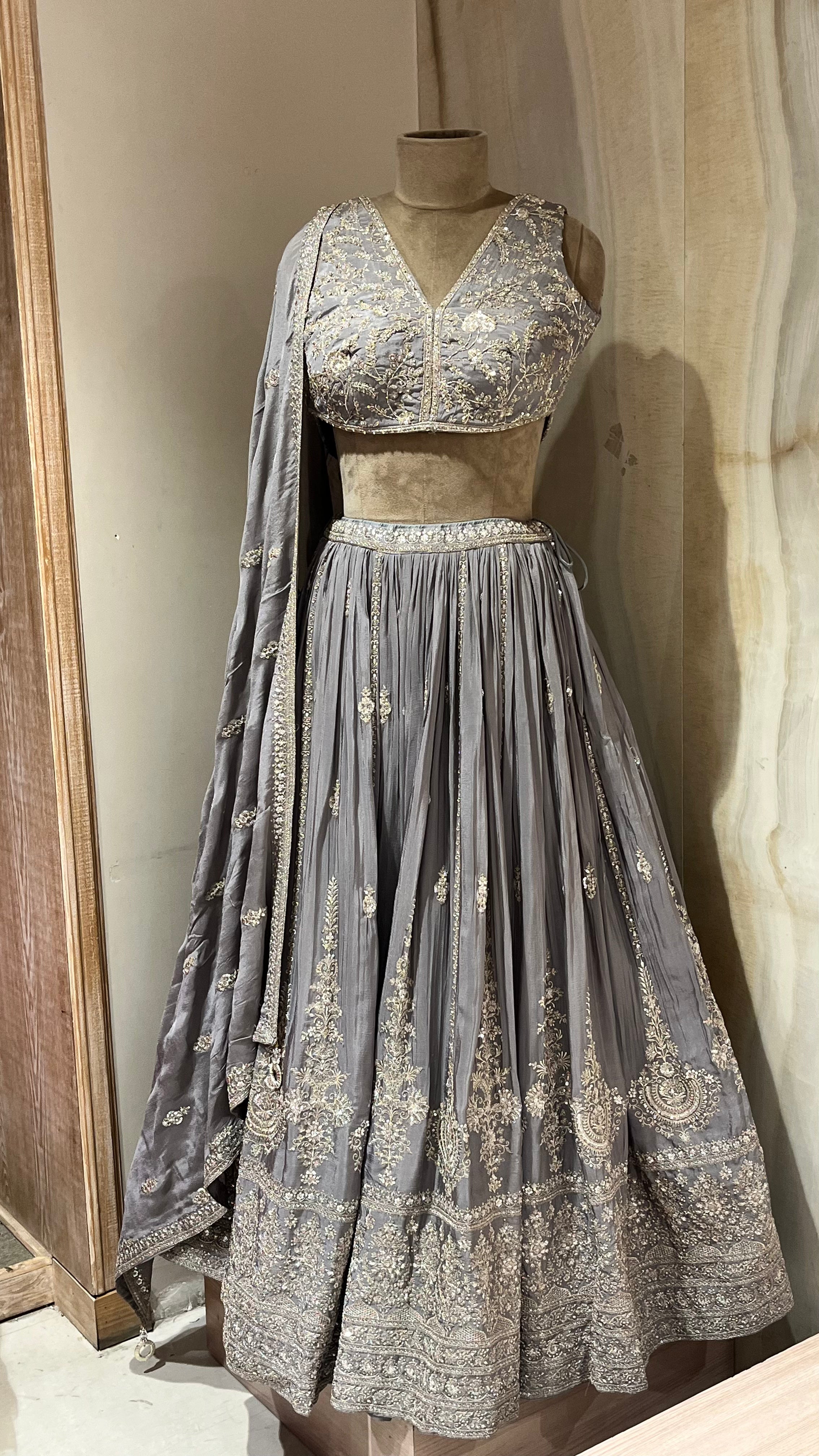 GREY HEAVY EMBROIDERED LEHENGA