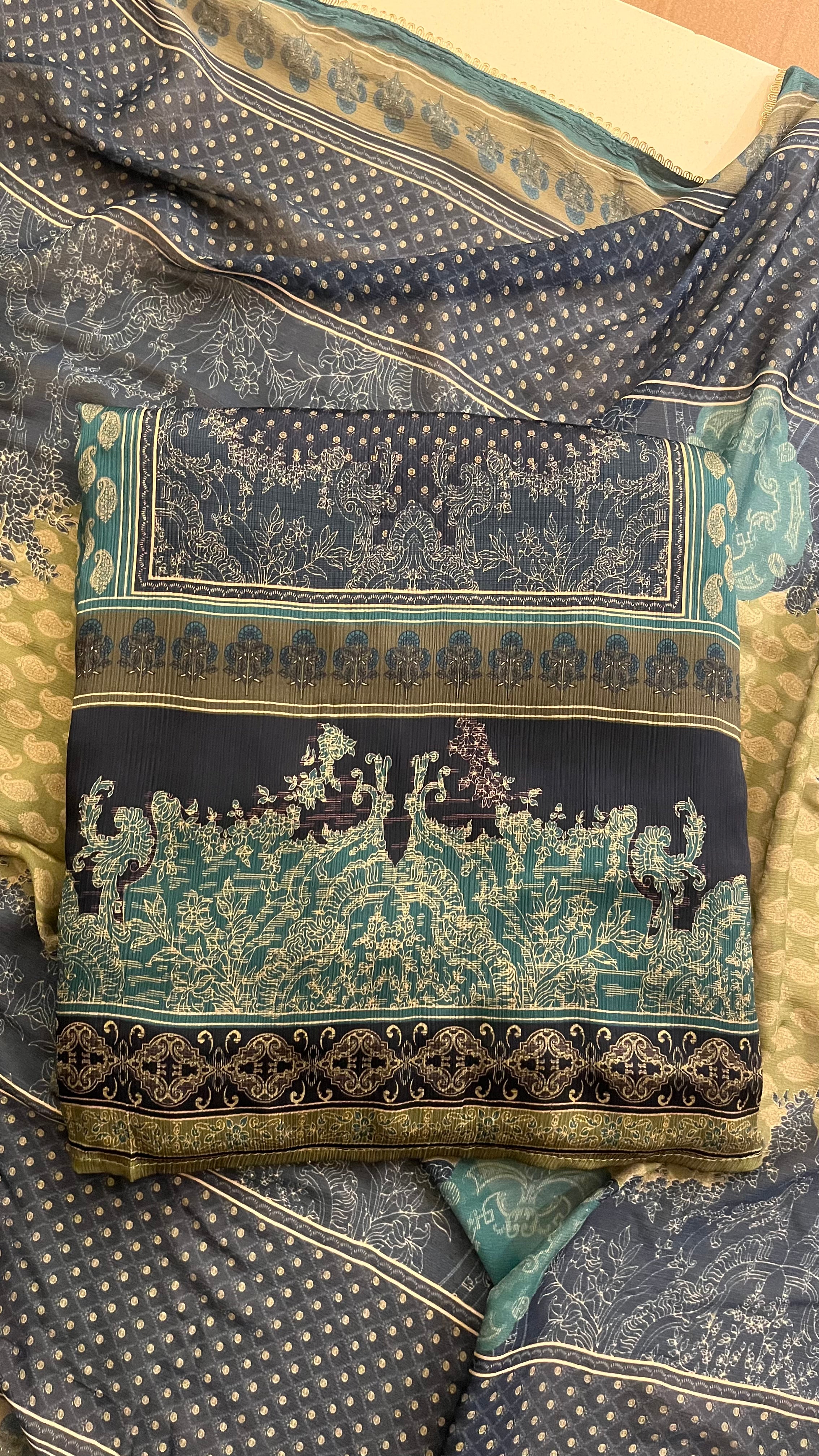 NAVY BLUE & TEAL PRINTED UNSTITCHED SUIT