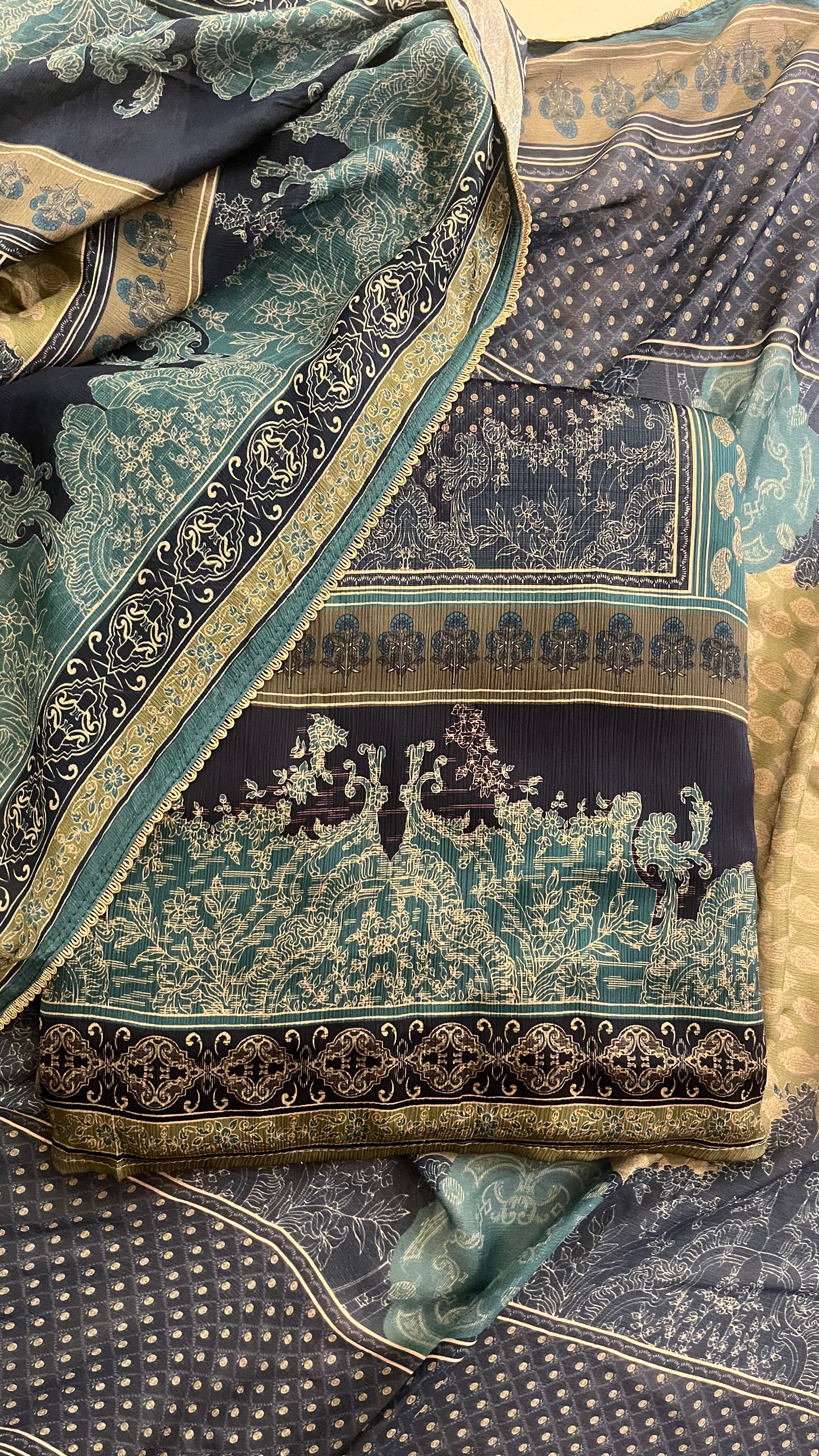 NAVY BLUE & TEAL PRINTED UNSTITCHED SUIT