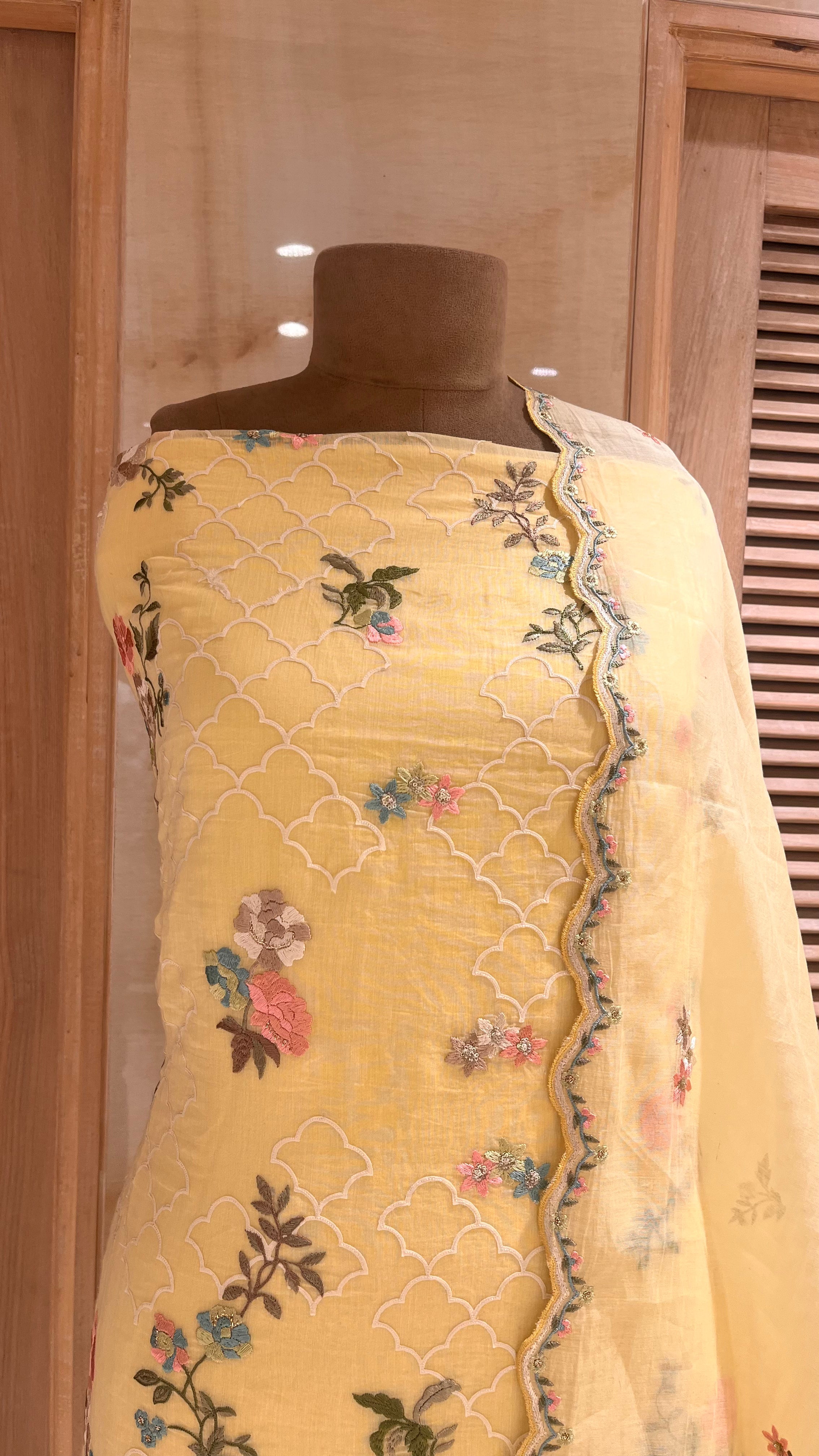 FLORAL PRINTED YELLOW UNSTITCHED SUIT SET