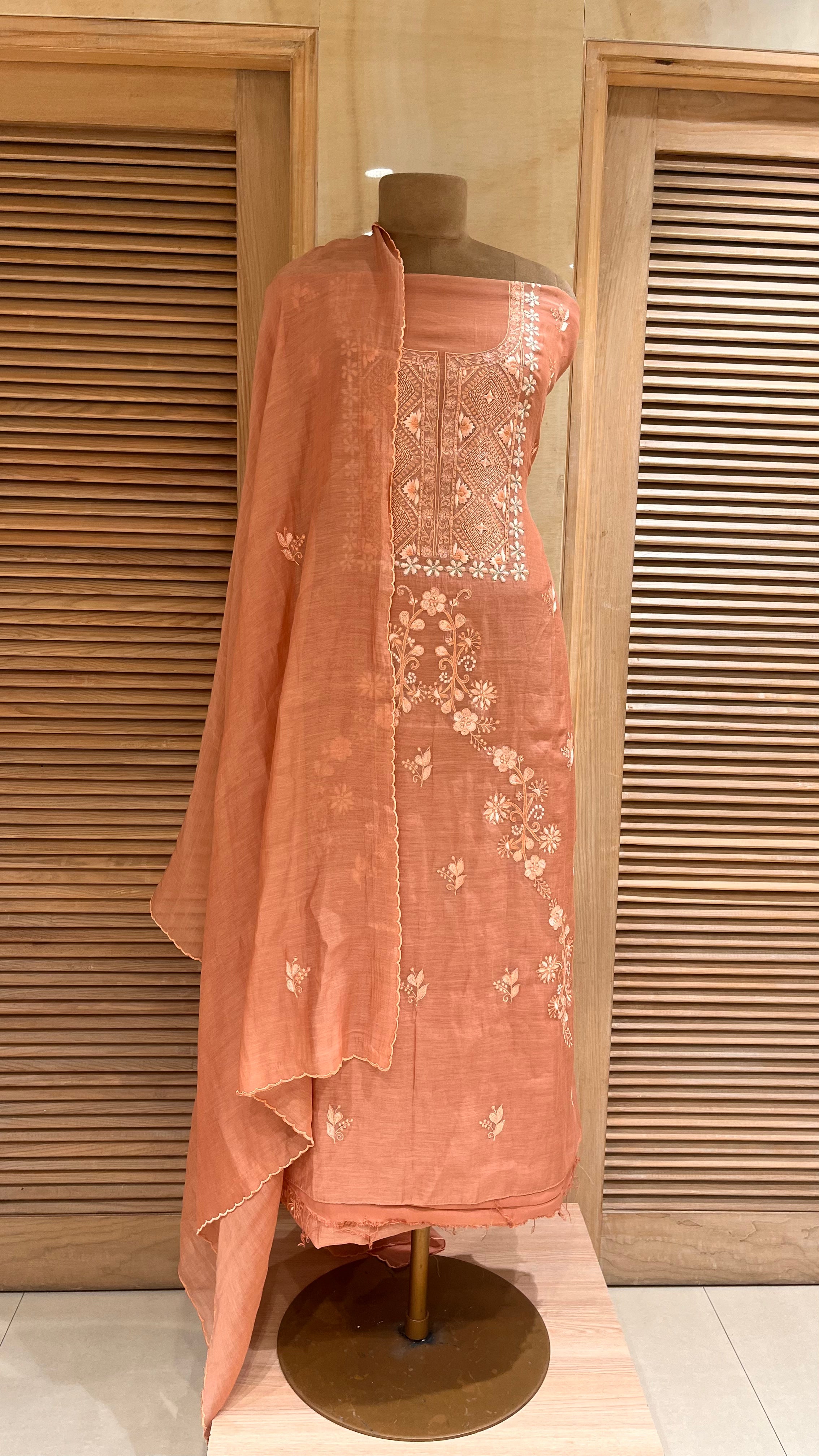 ELEGANT PEACH EMBROIDERED UNSTITCHED SUIT SET