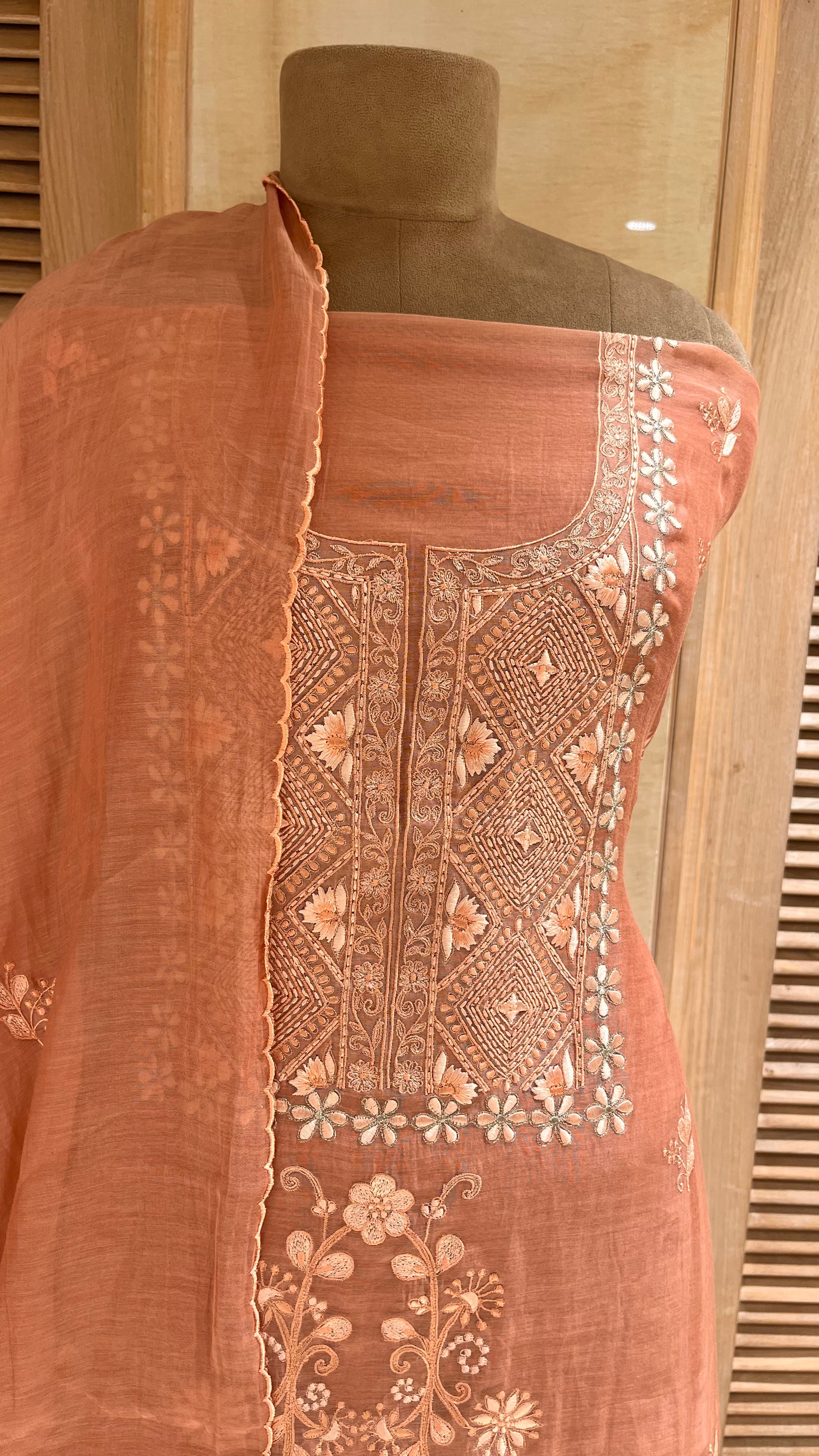 ELEGANT PEACH EMBROIDERED UNSTITCHED SUIT SET