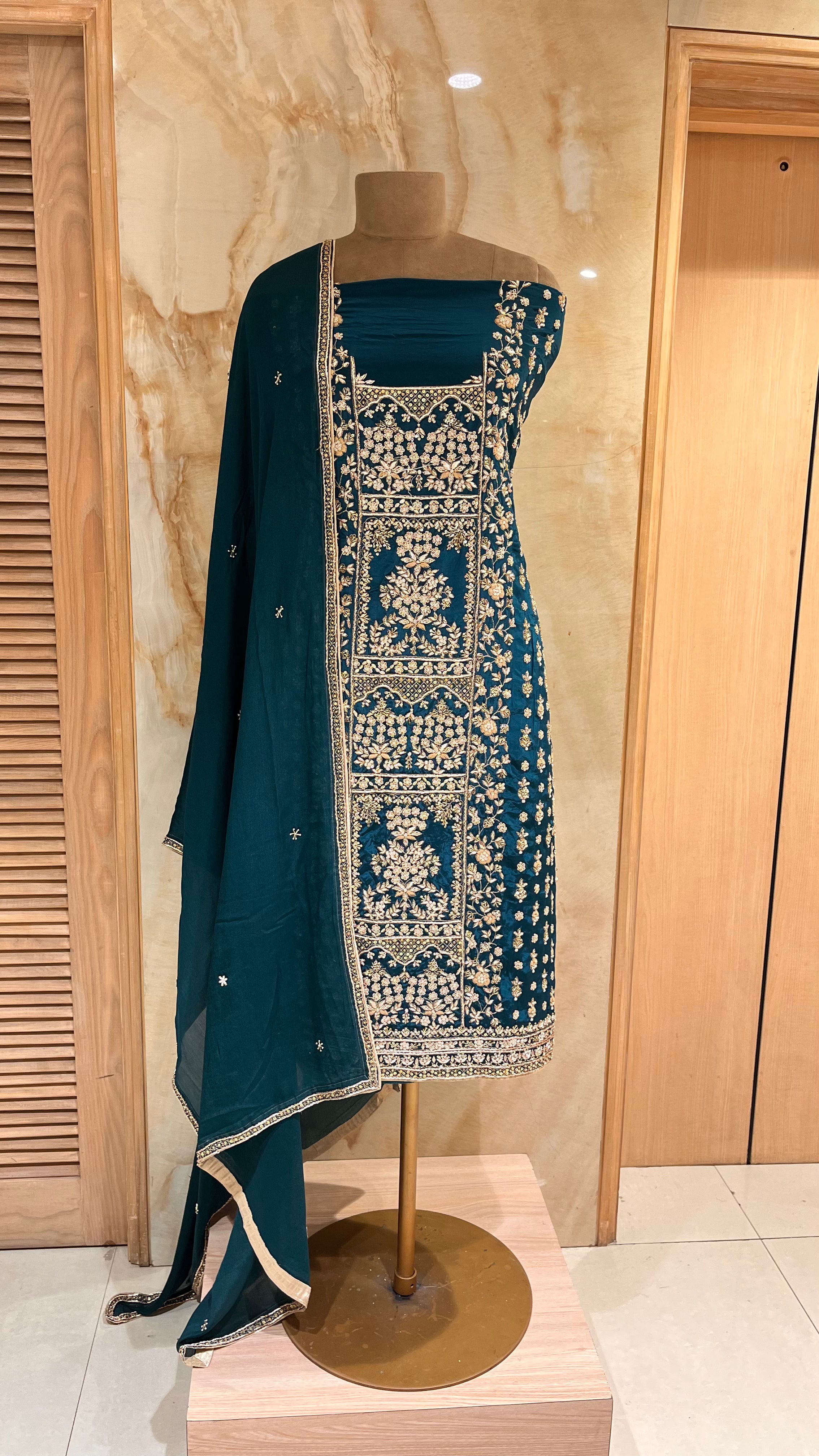 REGAL TEAL GREEN HEAVY EMBROIDERED UNSTITCHED SUIT SET