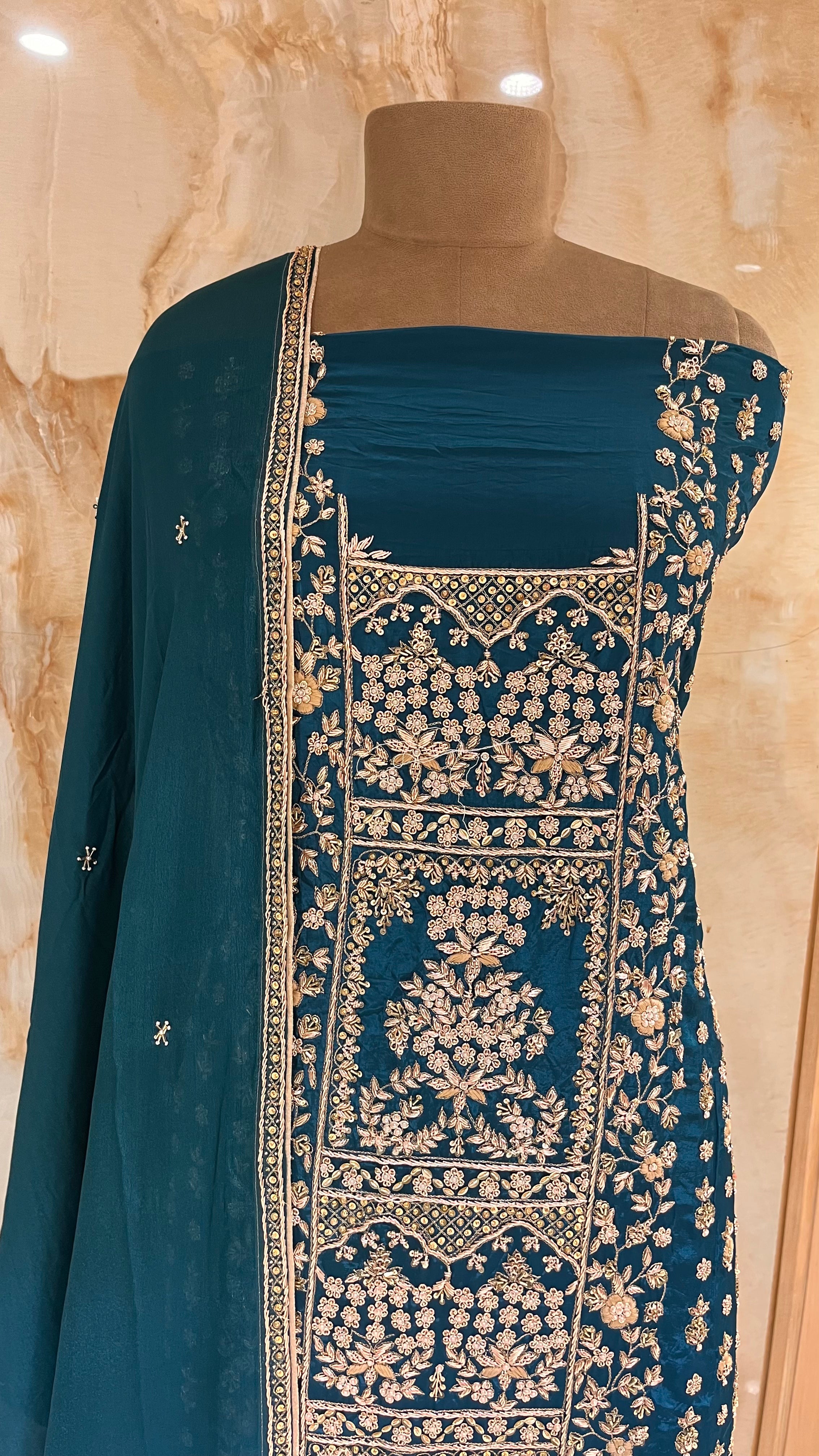 REGAL TEAL GREEN HEAVY EMBROIDERED UNSTITCHED SUIT SET