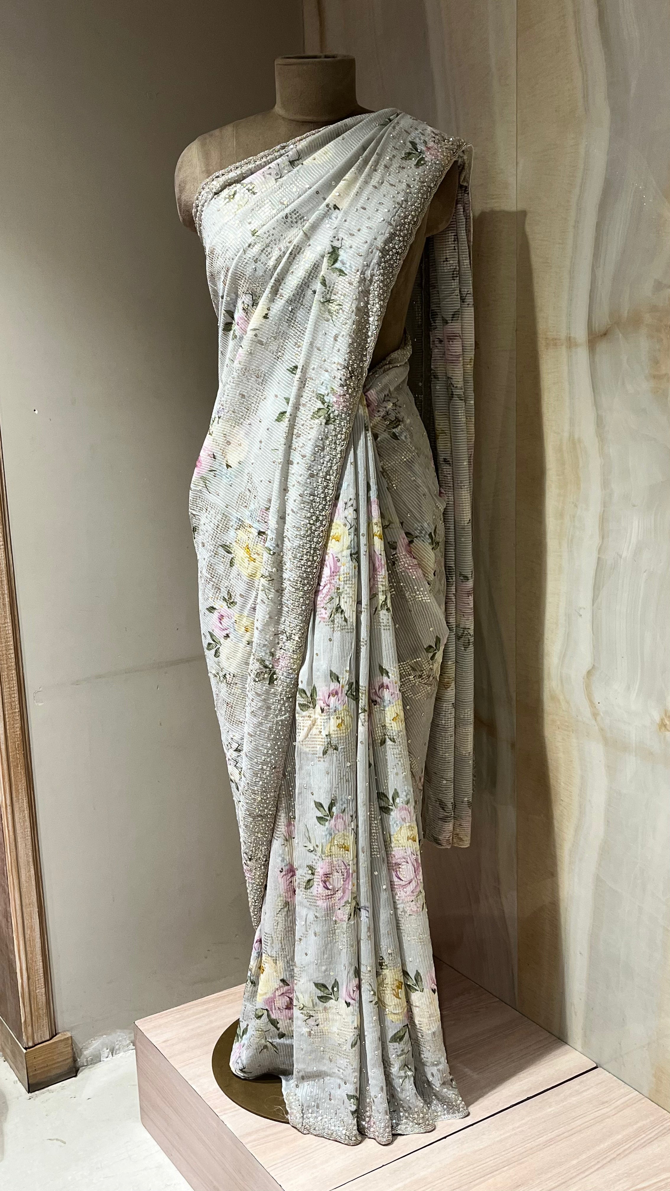 LIGHT GREY FLORAL EMBELLISHED SAREE