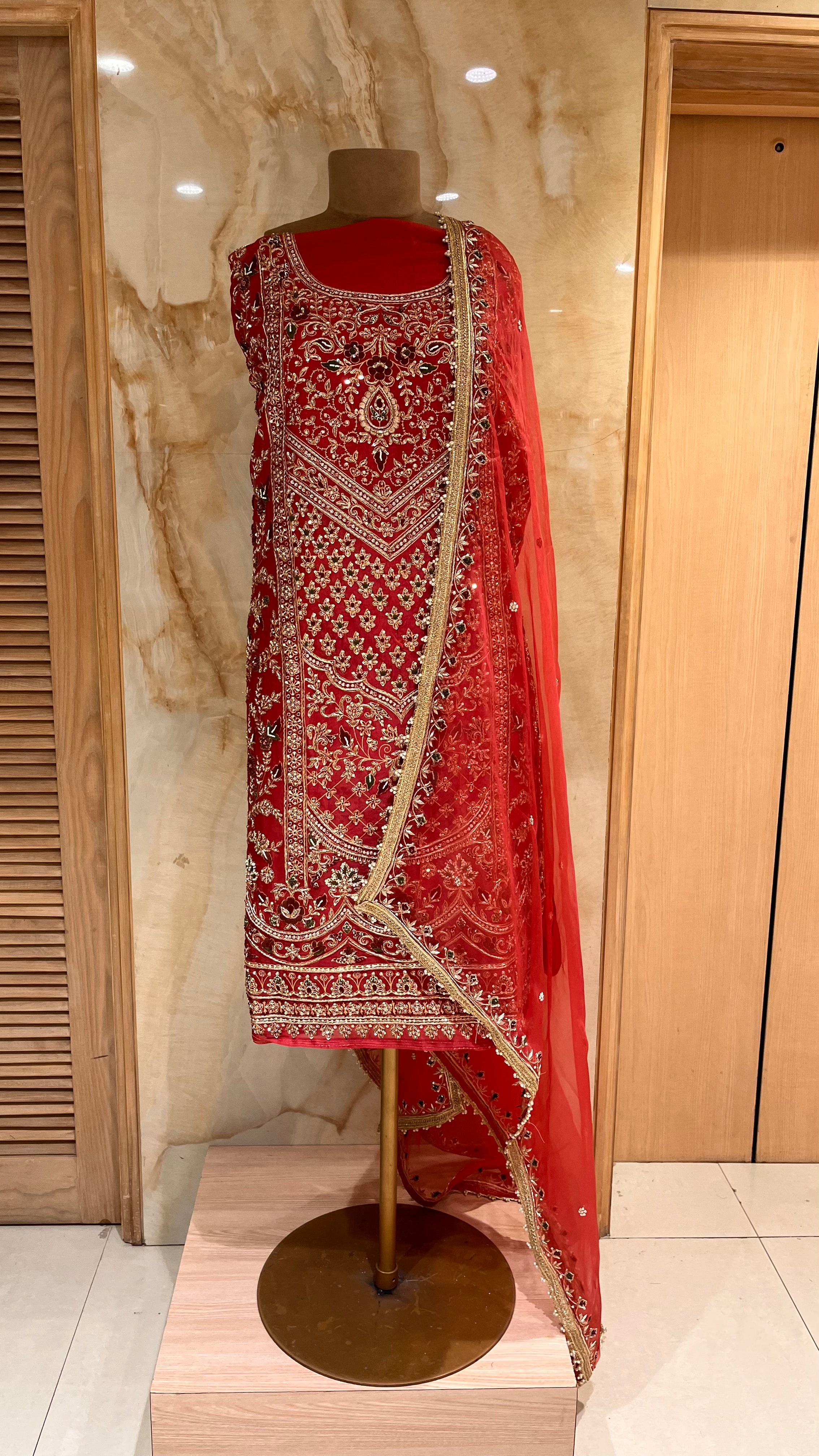 BRIDAL RED HEAVY EMBROIDERED UNSTITCHED SUIT SET