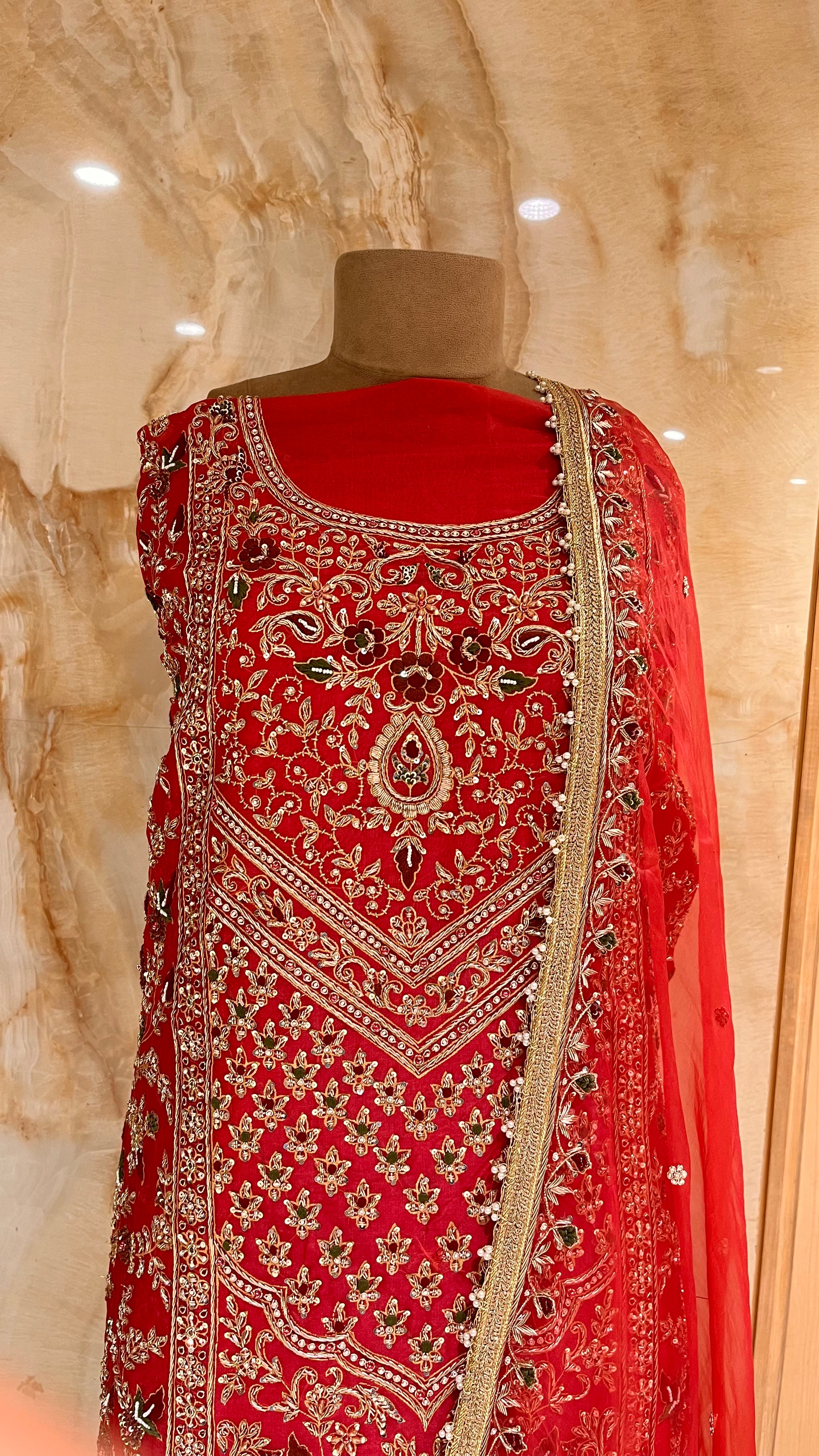 BRIDAL RED HEAVY EMBROIDERED UNSTITCHED SUIT SET