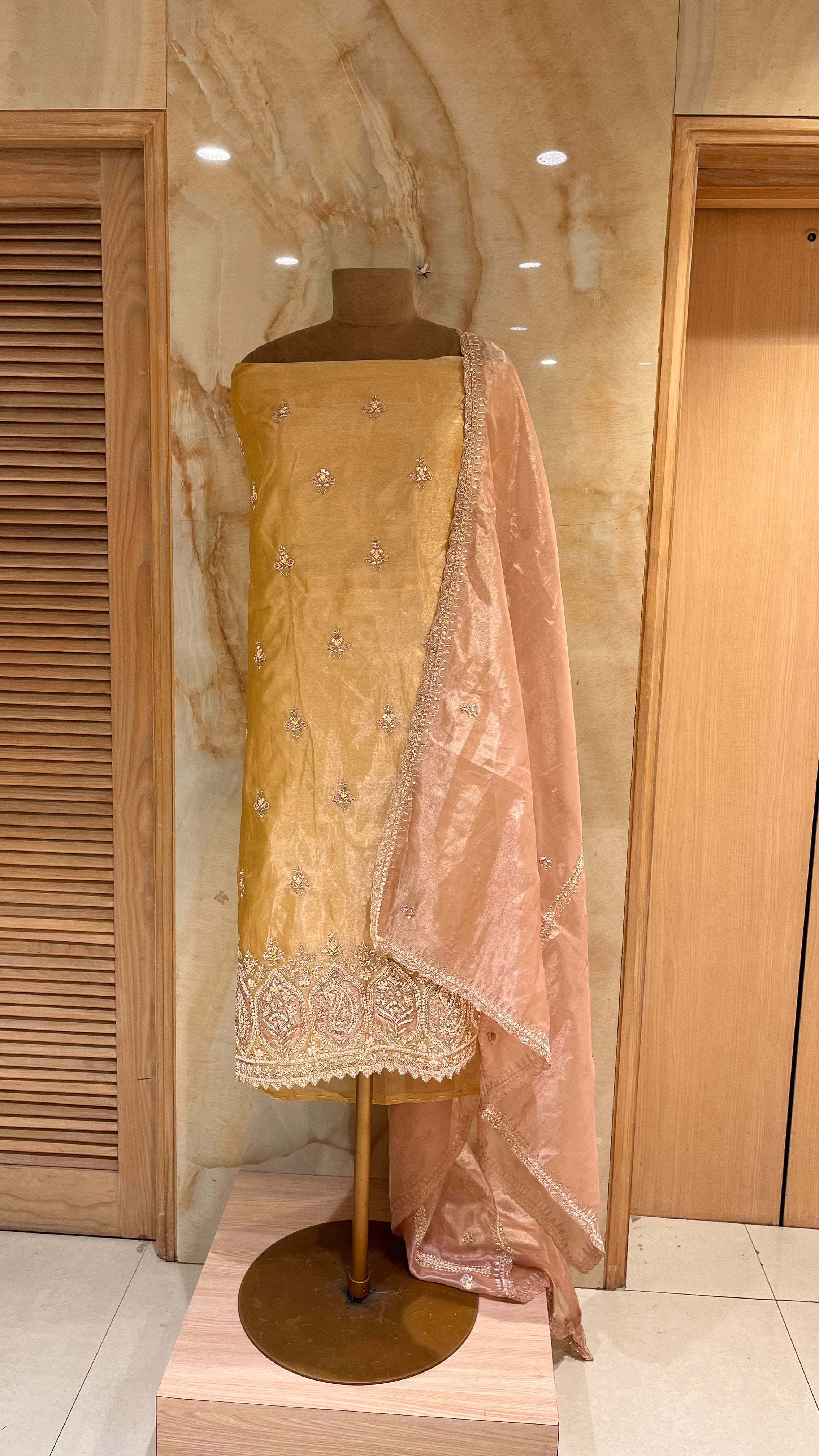 ELEGANT MUSTARD AND PEACH EMBROIDERED UNSTITCHED SUIT SET